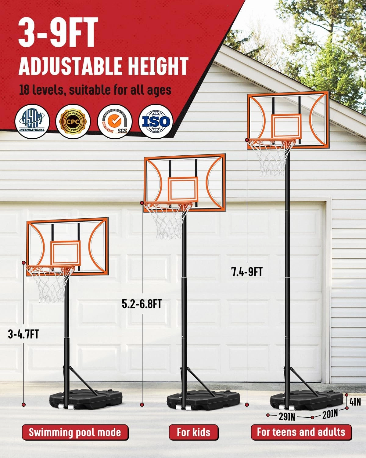 Seray Kids Basketball Hoop Outdoor, 3 FT- 9 FT Adjustable Pool Basketball Goal, 32 in Backboard Indoor Portable Basketball Hoop for Youth/Teenagers/Adults in Backyard/Driveway