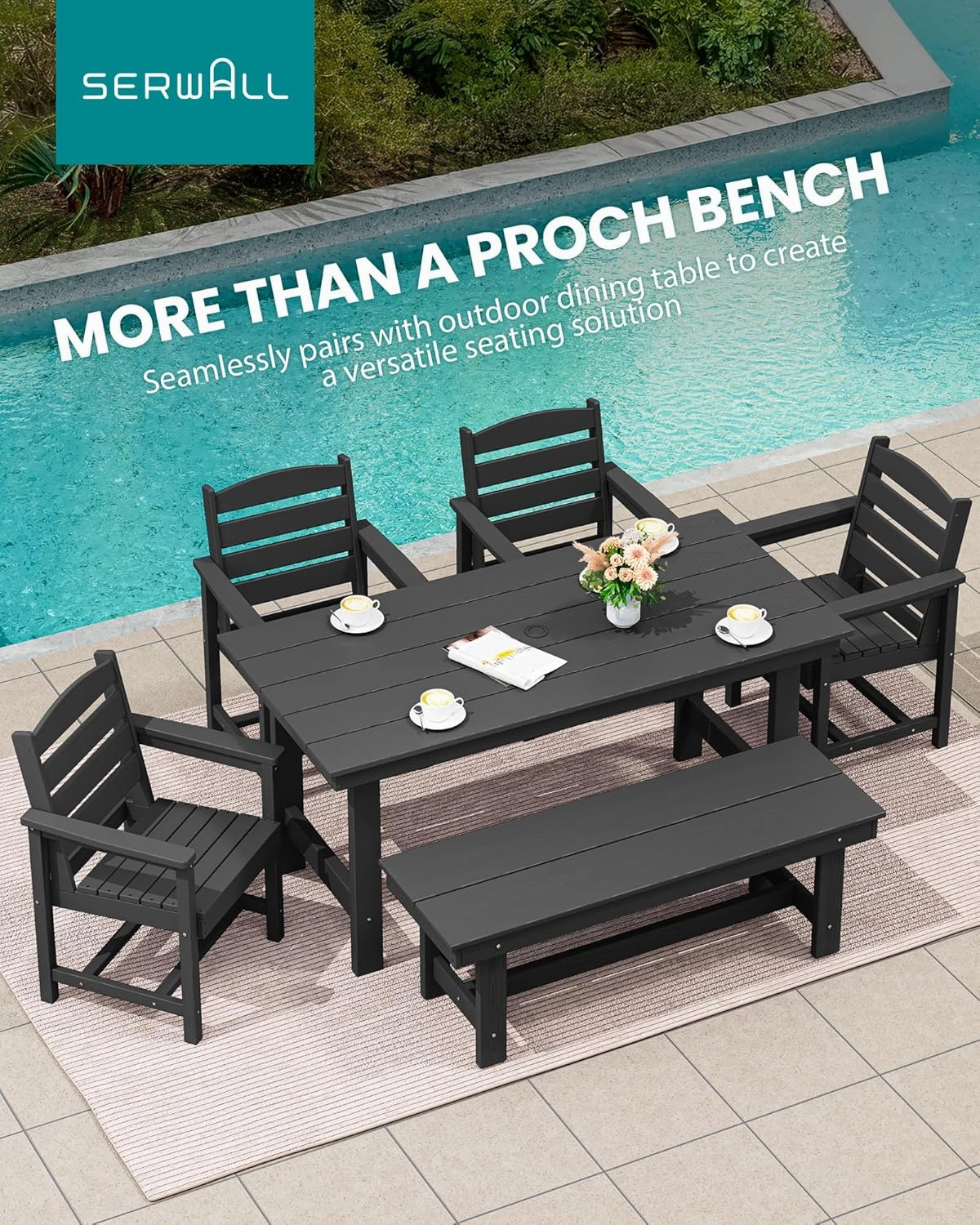 SERWALL 2-Person Outdoor Bench Backless, HDPE Outdoor Benches Weatherproof, 700 Lbs Weight Capacity, Poly Lumber Patio Furniture for Garden, Porch and Park, Black