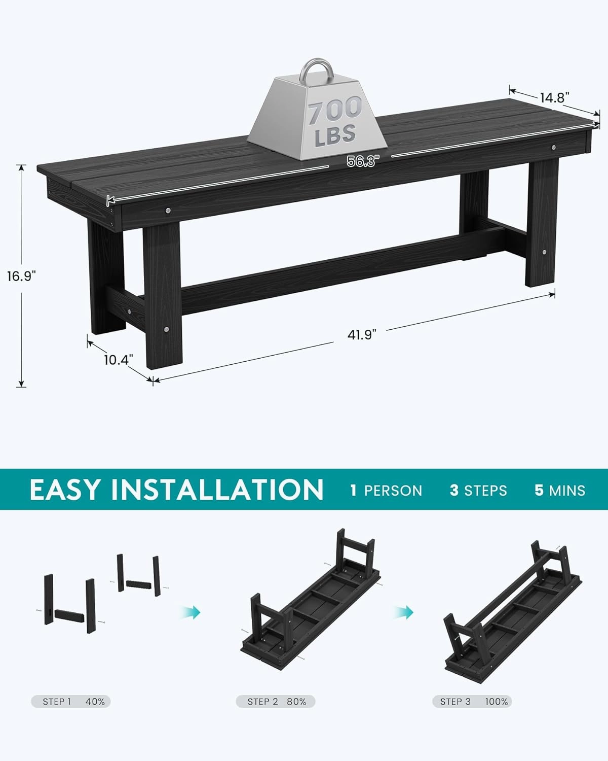 SERWALL 2-Person Outdoor Bench Backless, HDPE Outdoor Benches Weatherproof, 700 Lbs Weight Capacity, Poly Lumber Patio Furniture for Garden, Porch and Park, Black