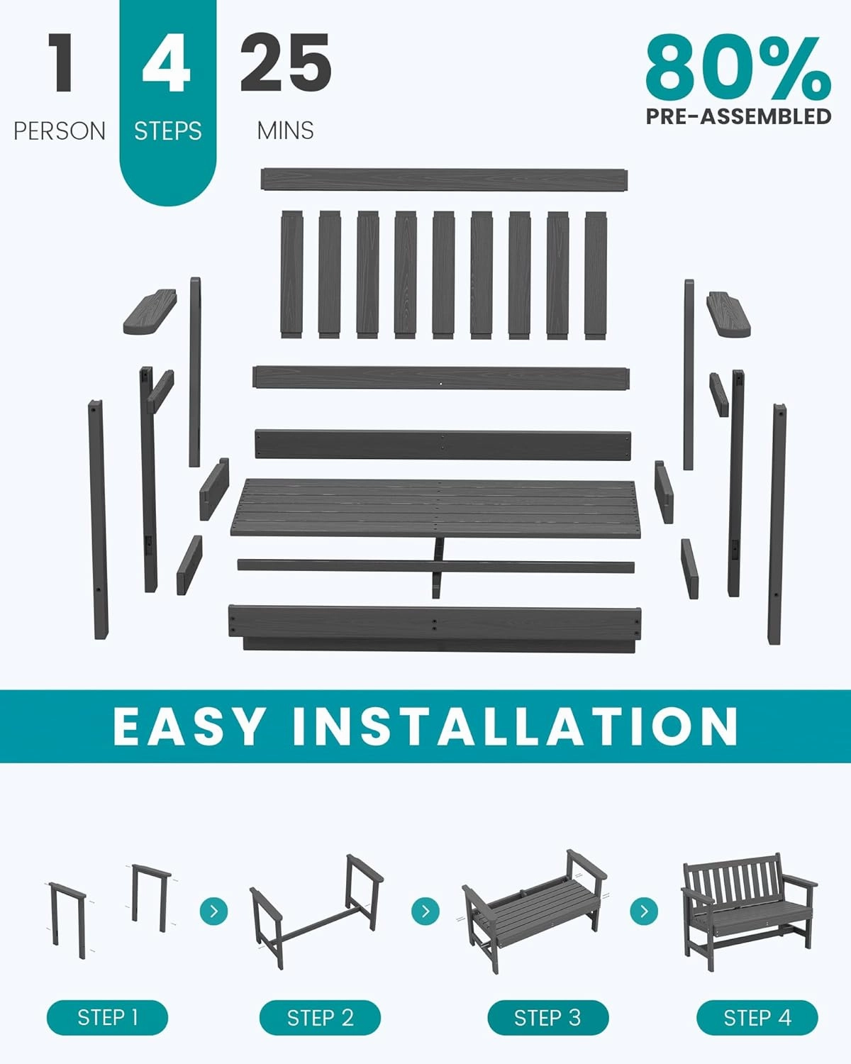 SERWALL Outdoor Bench, HDPE Outdoor Benches Weatherproof, 2-Person Garden Bench with 660 lbs Weight Capacity, Patio Benches for Outdoors, Garden, Porch, Backyard and Park, Grey, 4 Pack