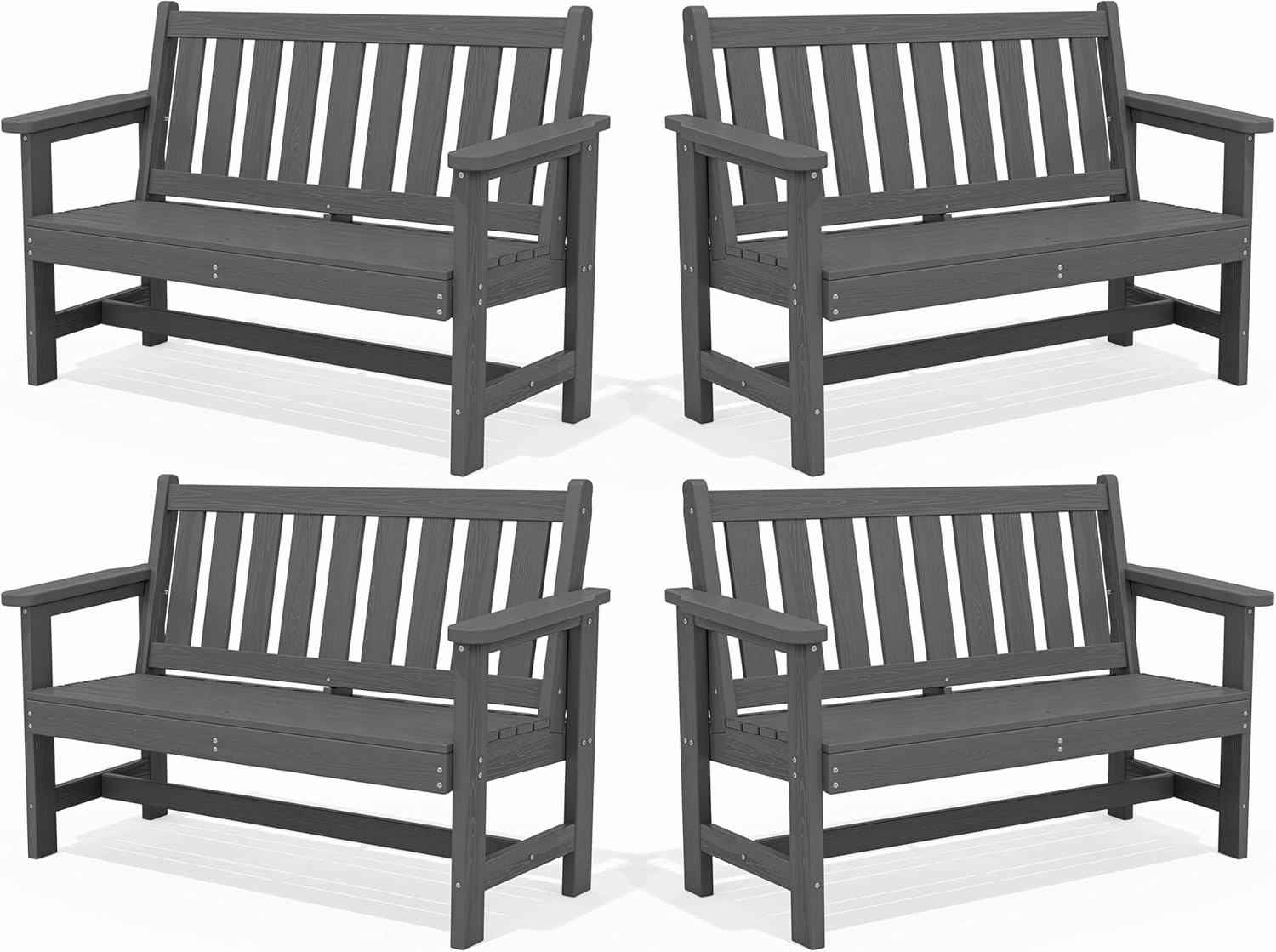 SERWALL Outdoor Bench, HDPE Outdoor Benches Weatherproof, 2-Person Garden Bench with 660 lbs Weight Capacity, Patio Benches for Outdoors, Garden, Porch, Backyard and Park, Grey, 4 Pack