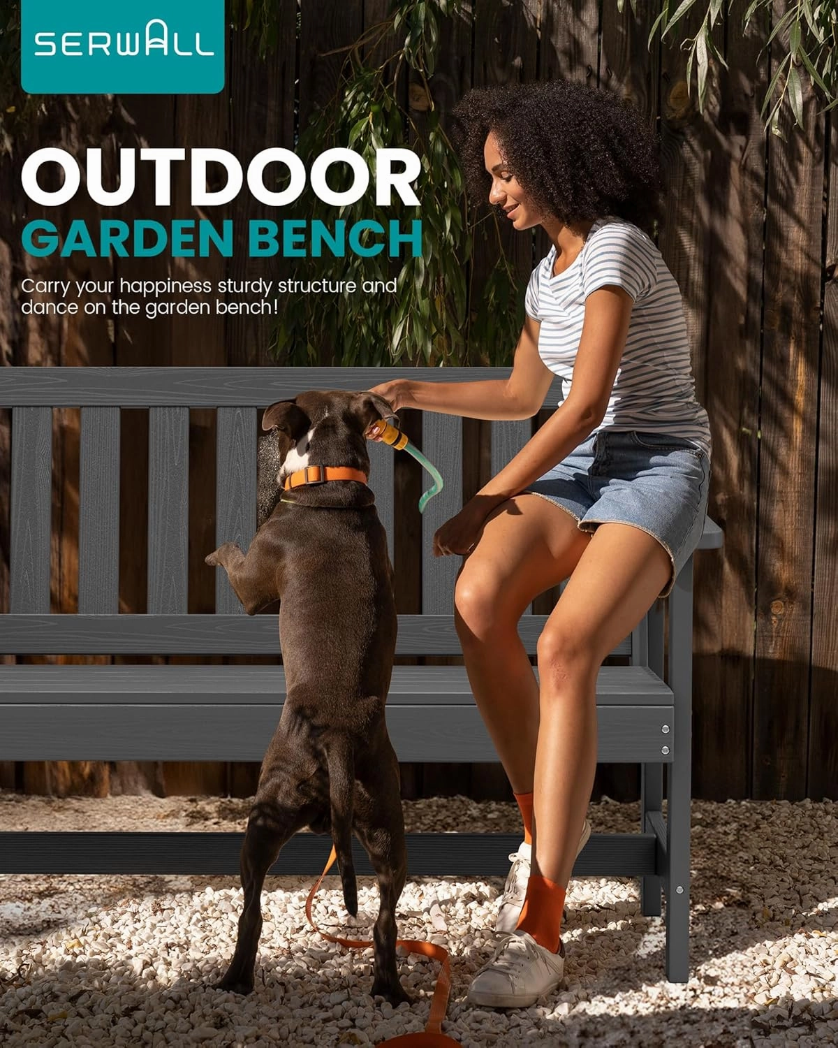 SERWALL Outdoor Bench, HDPE Outdoor Benches Weatherproof, 2-Person Garden Bench with 660 lbs Weight Capacity, Patio Benches for Outdoors, Garden, Porch, Backyard and Park, Grey, 4 Pack