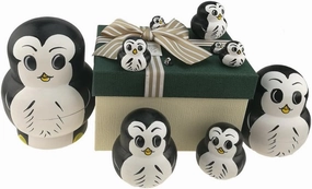 Set of 10 Big Belly Animal Penguin Wooden Handmade Nesting Dolls Matryoshka Russian Doll in a Box with Bow for Kids Toy Birthday Christmas New Year Gift Home Decoration