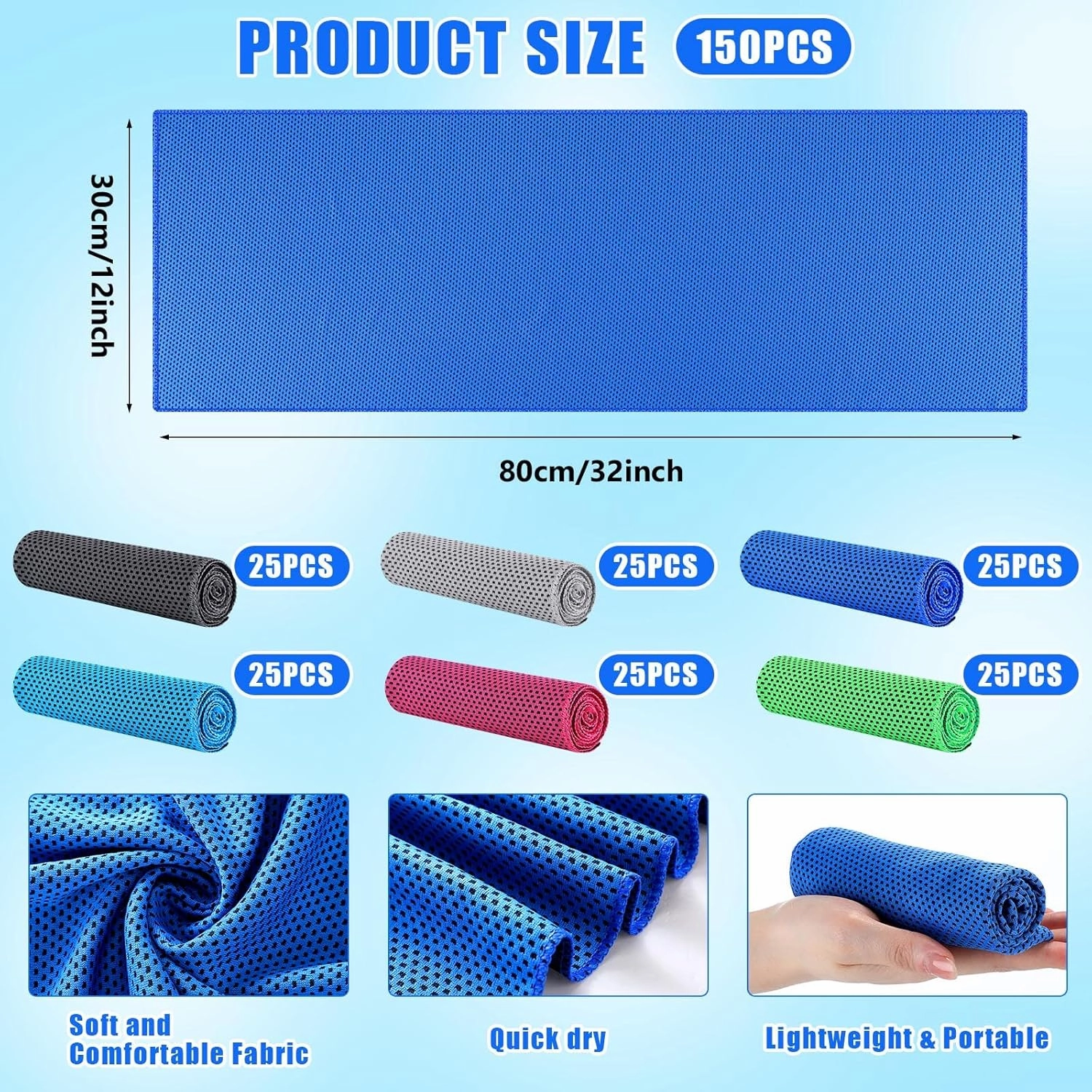 Shellwei 150 Pcs Cooling Towel 32 x 12 Inch Ice Towel Bulk Cooling Rag for Neck Face Soft Breathable Microfiber Cloth Chilly Quick Cold for Yoga Gym Sport Outdoor Work Stay Cold
