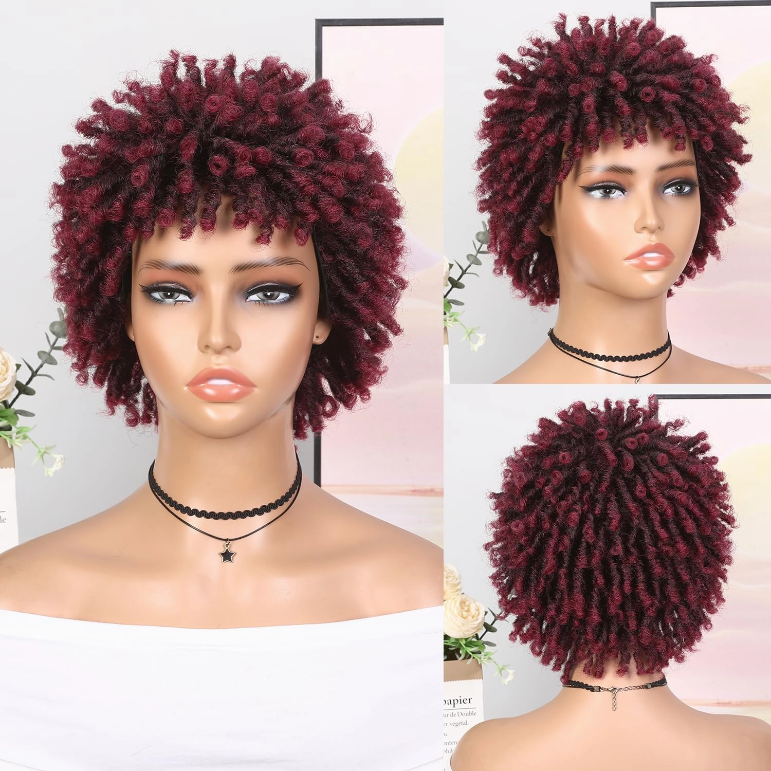 Short Dreadlock Wig Short Afro Curly Braided Wigs for Black Women Faux Locs Twist Braiding Ombre Red Synthetic Hair Wigs 6 Inches
