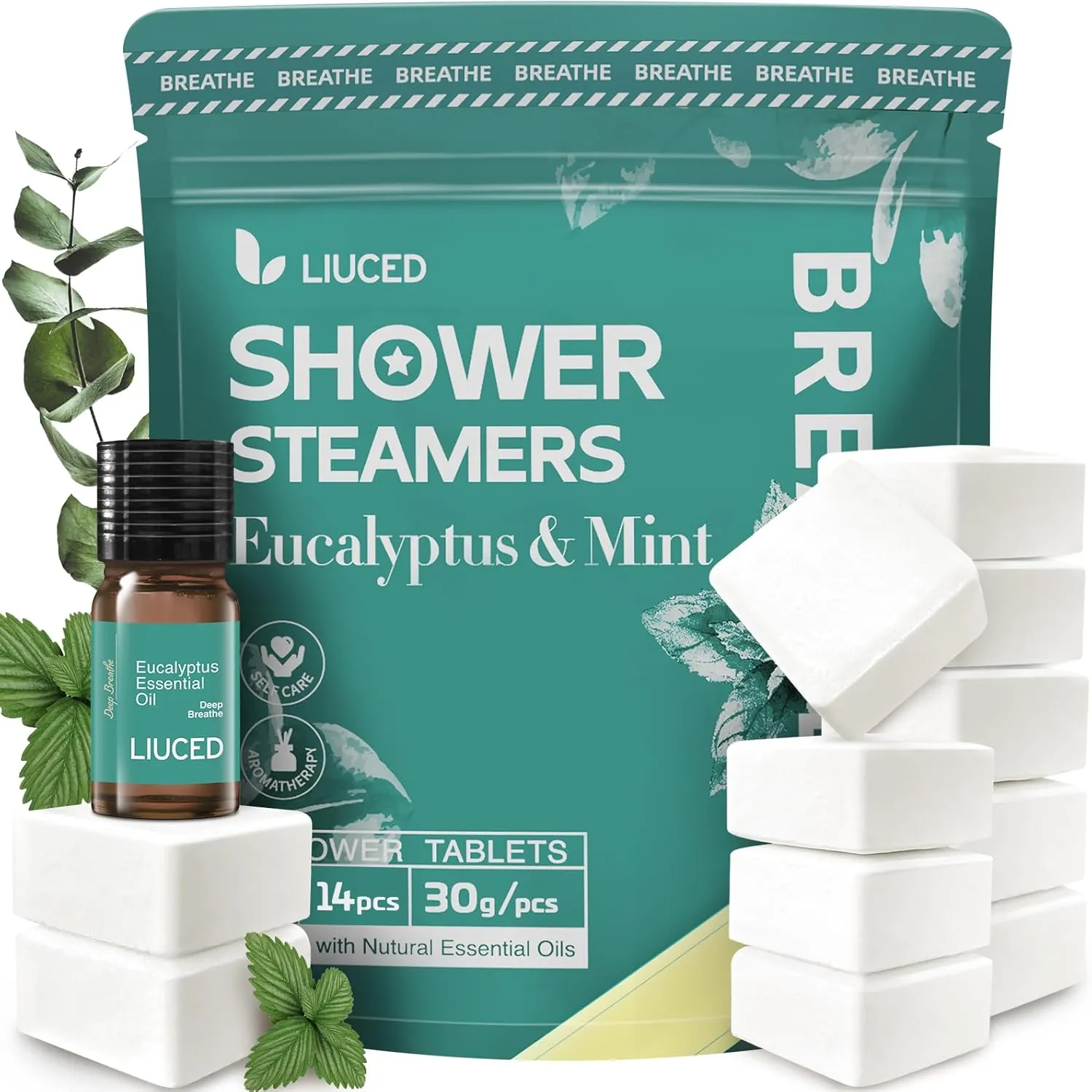 Shower Steamers Aromatherapy - 14 Pack Eucalyptus & Mint Shower Bombs and 5ml Natural Eucalyptus Essential Oils, Nasal Relief, Birthday Gifts for Women, Self Care Stress Relief Gifts for Mom Wife Her