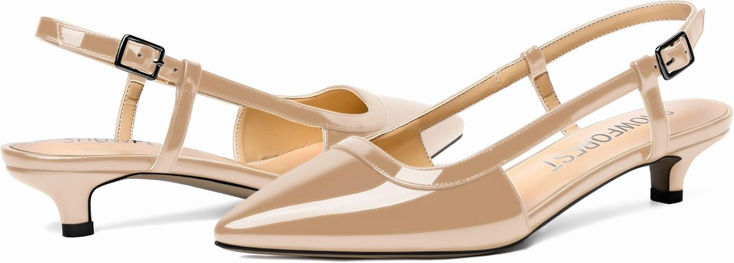 SHOWFOREST Women's Adjustable Strap Dating Dress Solid Patent Buckle Pointed Toe Kitten Low Heel Pumps Shoes 1.5 Inch