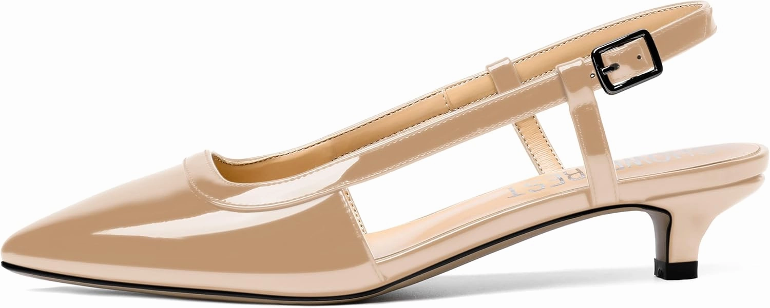 SHOWFOREST Women's Adjustable Strap Dating Dress Solid Patent Buckle Pointed Toe Kitten Low Heel Pumps Shoes 1.5 Inch