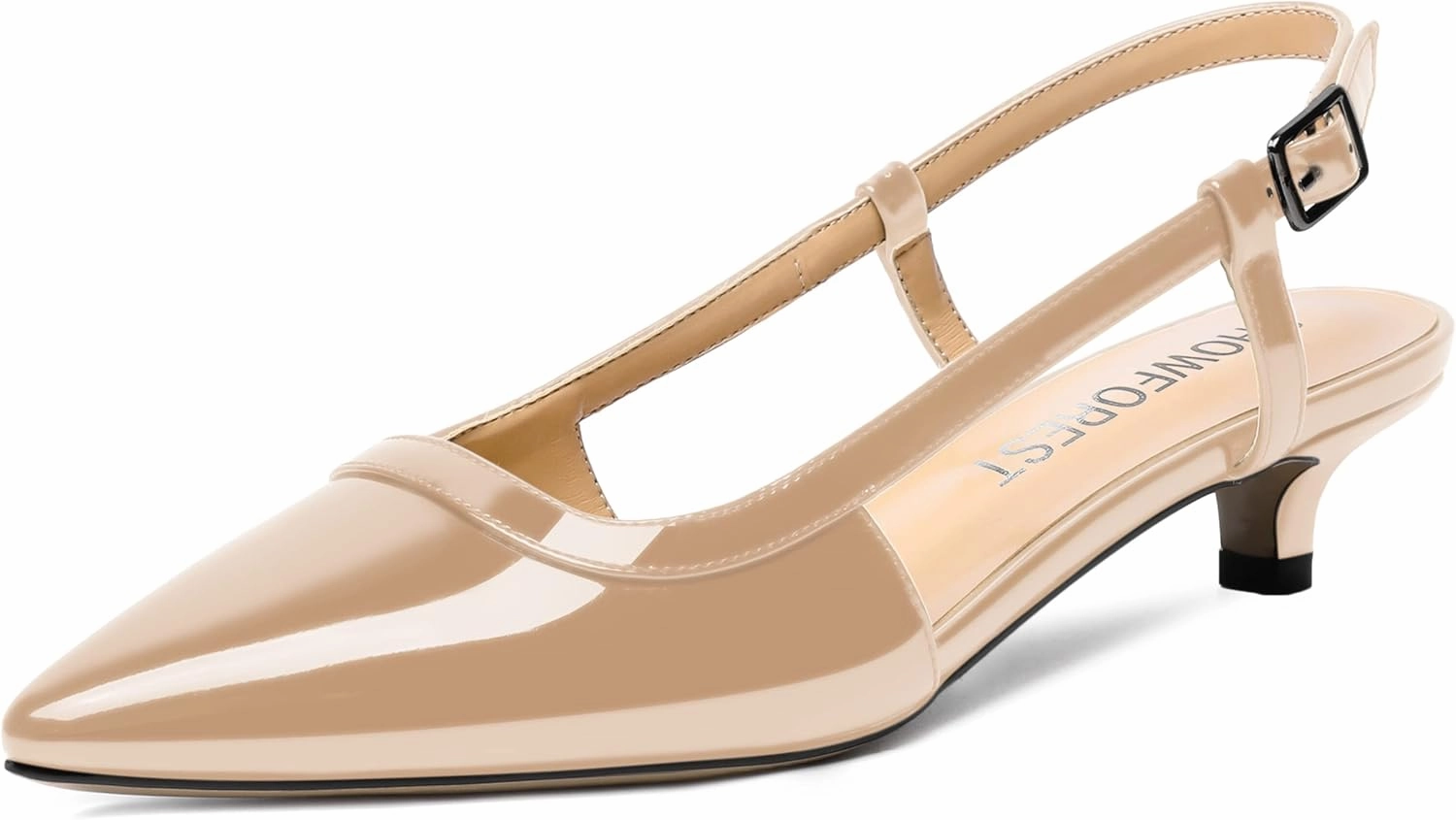 SHOWFOREST Women's Adjustable Strap Dating Dress Solid Patent Buckle Pointed Toe Kitten Low Heel Pumps Shoes 1.5 Inch