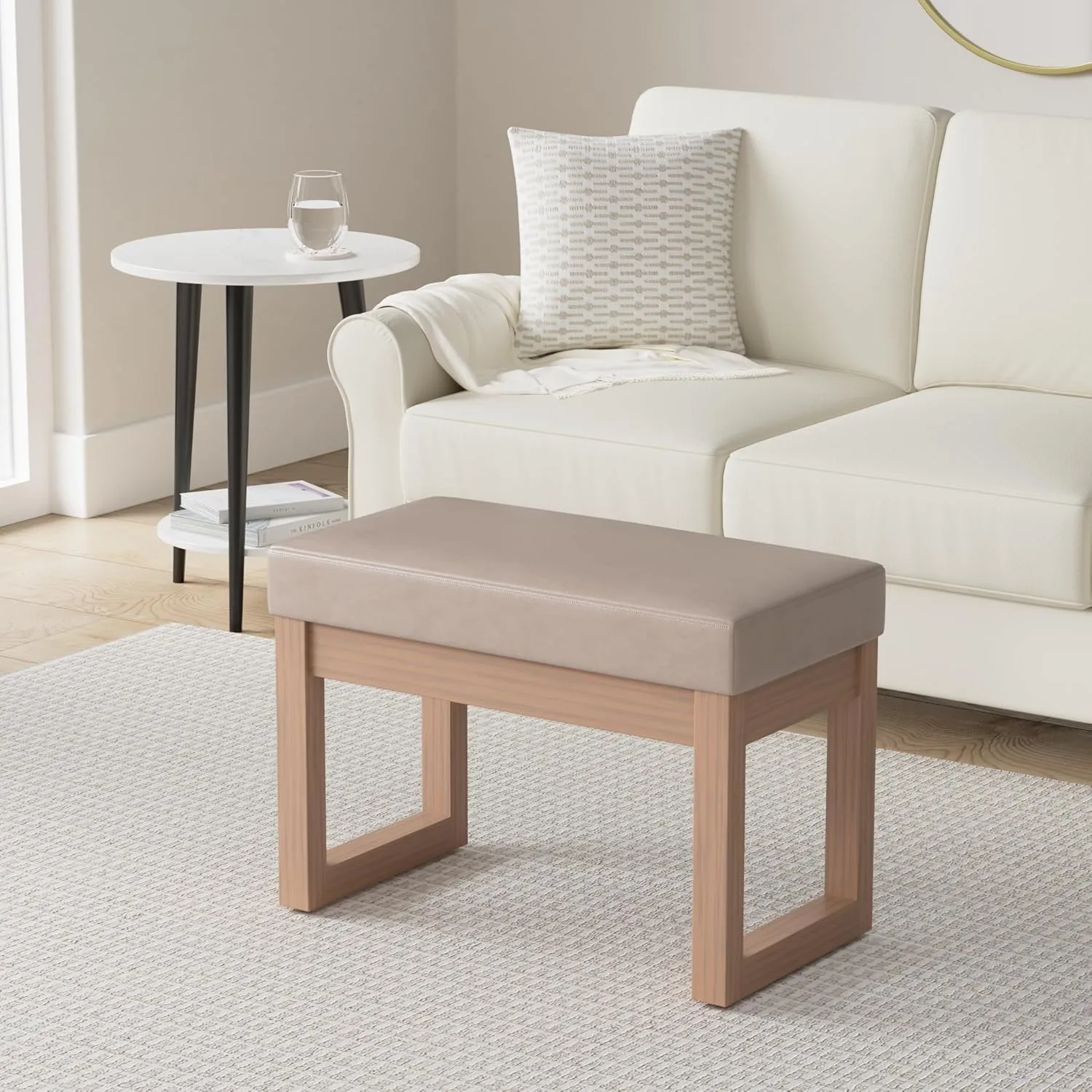 SIMPLIHOME Milltown 27 inch Wide Contemporary Rectangle Footstool Ottoman Bench in Ash Blonde Vegan Faux Leather, Assembled, For the Living Room and Bedroom