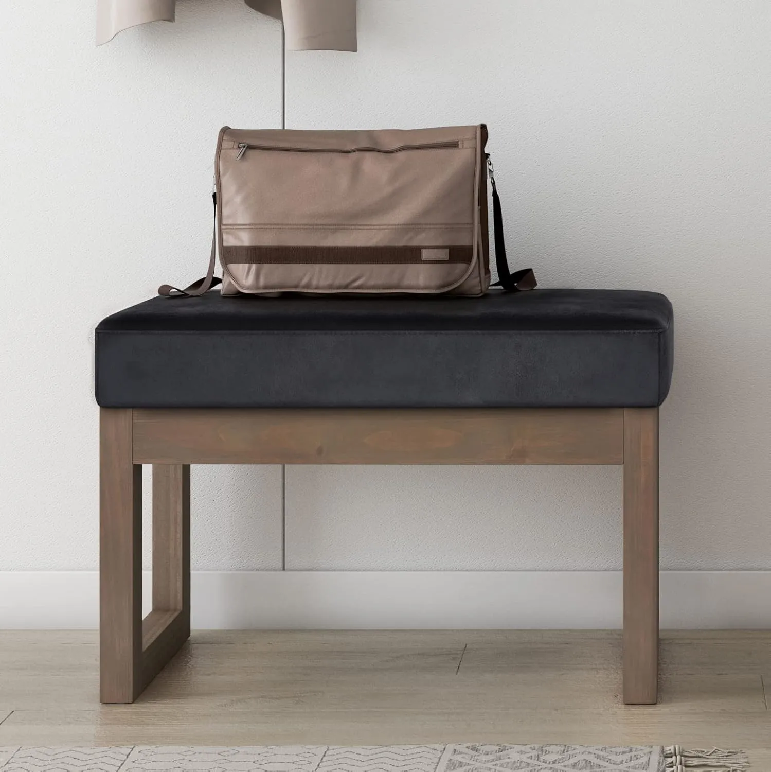 SIMPLIHOME Milltown 27 inch Wide Contemporary Rectangle Footstool Ottoman Bench in Distressed Black Vegan Faux Leather, Assembled, For the Living Room and Bedroom