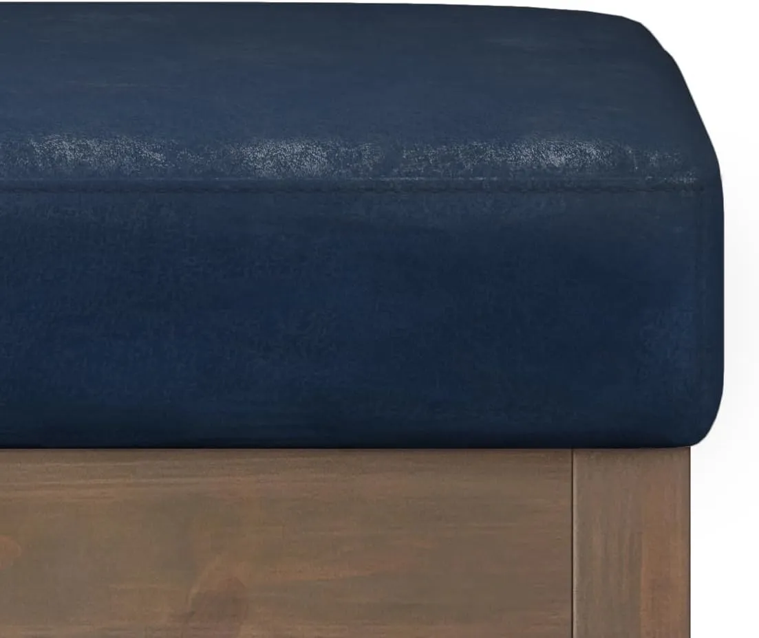 SIMPLIHOME Milltown 27 inch Wide Contemporary Rectangle Footstool Ottoman Bench in Distressed Dark Blue Vegan Faux Leather, Assembled, for the Living Room and Bedroom