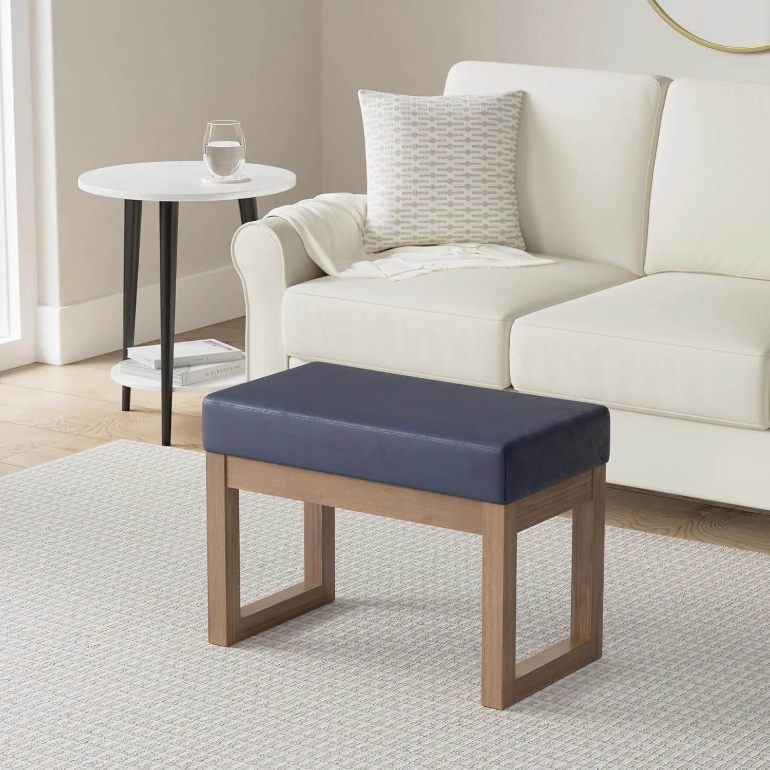 SIMPLIHOME Milltown 27 inch Wide Contemporary Rectangle Footstool Ottoman Bench in Distressed Dark Blue Vegan Faux Leather, Assembled, for the Living Room and Bedroom