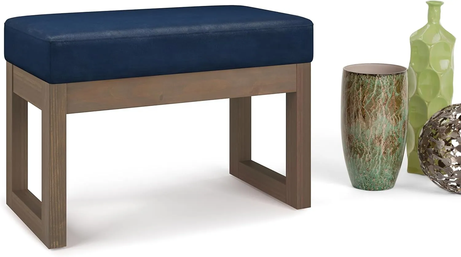 SIMPLIHOME Milltown 27 inch Wide Contemporary Rectangle Footstool Ottoman Bench in Distressed Dark Blue Vegan Faux Leather, Assembled, for the Living Room and Bedroom
