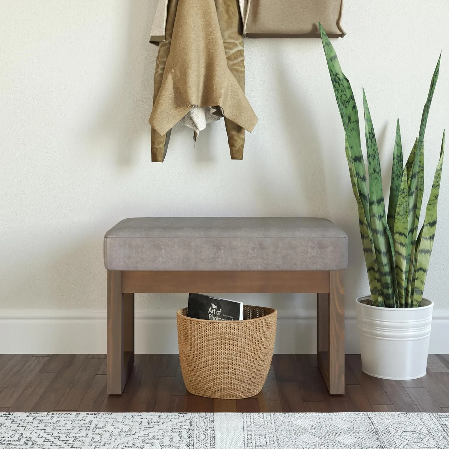 SIMPLIHOME Milltown 27 inch Wide Contemporary Rectangle Footstool Ottoman Bench in Distressed Grey Taupe Vegan Faux Leather, Assembled, For the Living Room and Bedroom