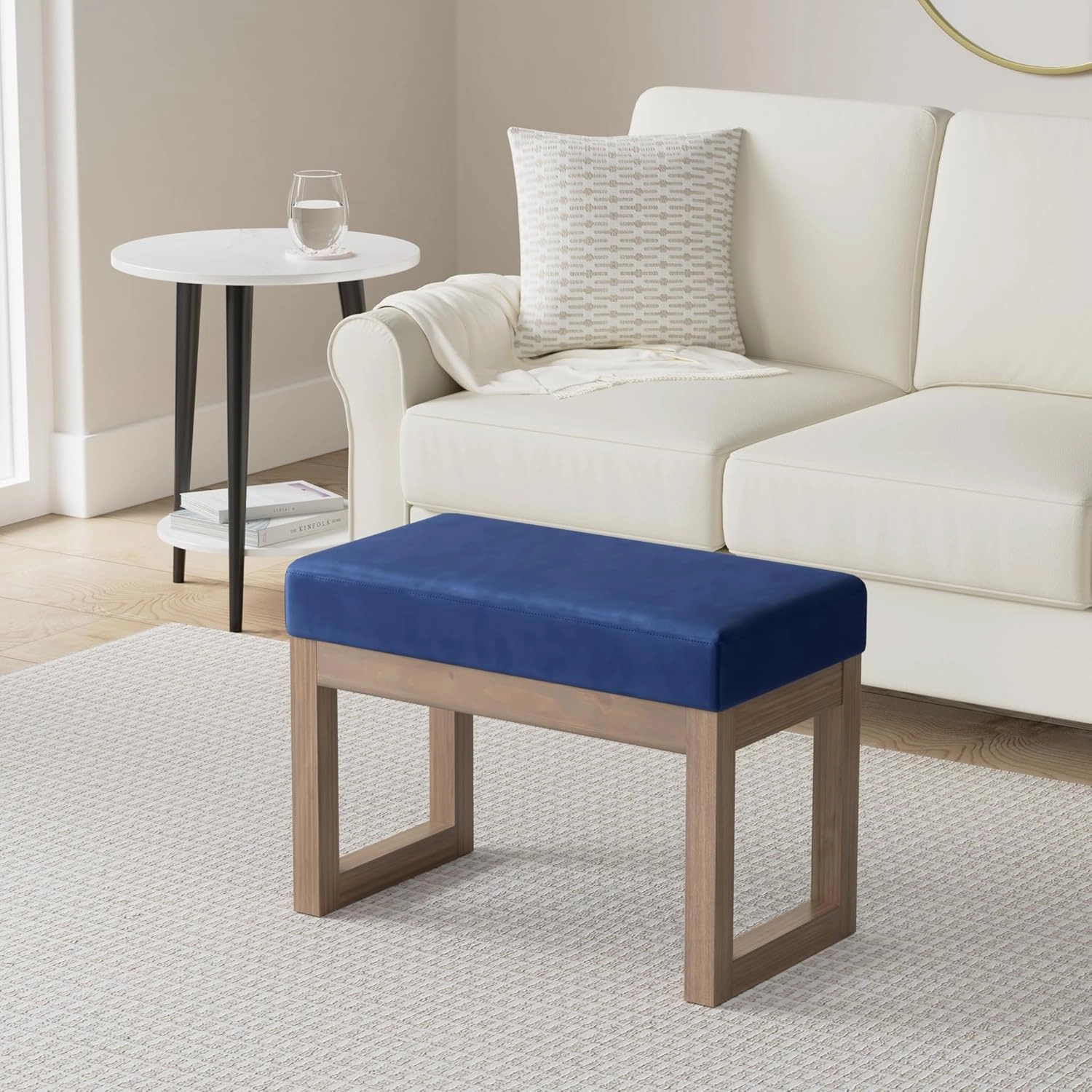 SIMPLIHOME Milltown 27 inch Wide Contemporary Rectangle Footstool Ottoman Bench in Blue Velvet Fabric, Assembled, For the Living Room and Bedroom