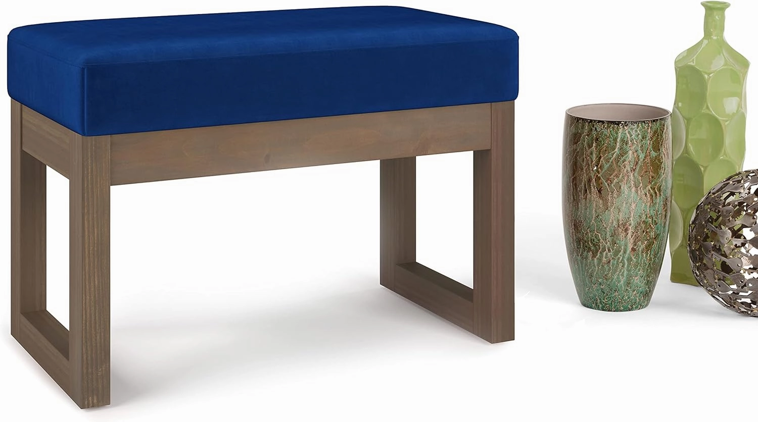 SIMPLIHOME Milltown 27 inch Wide Contemporary Rectangle Footstool Ottoman Bench in Blue Velvet Fabric, Assembled, For the Living Room and Bedroom