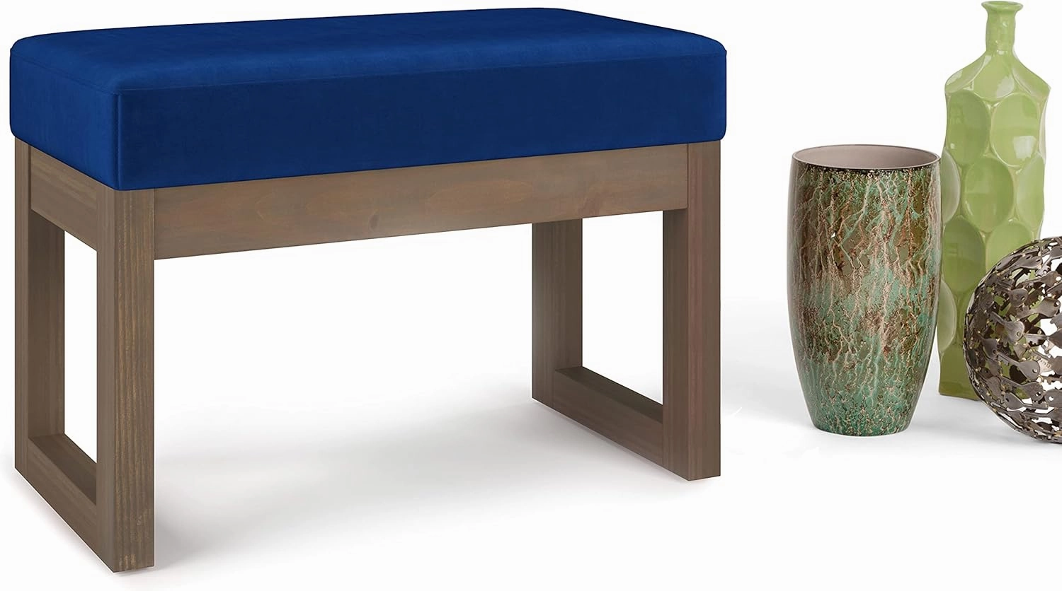 SIMPLIHOME Milltown 27 inch Wide Contemporary Rectangle Footstool Ottoman Bench in Blue Velvet Fabric, Assembled, For the Living Room and Bedroom