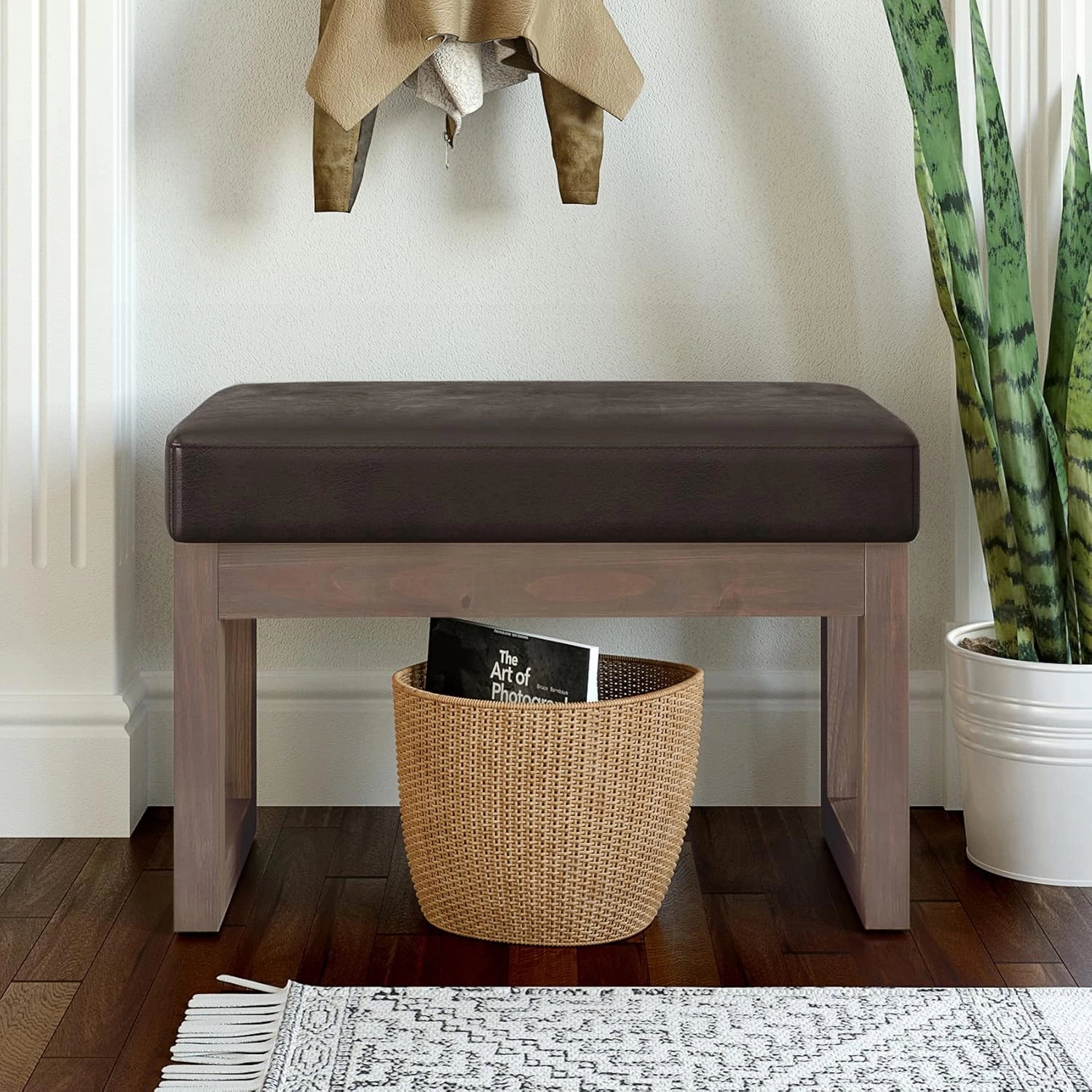 SIMPLIHOME Milltown 27 inch Wide Contemporary Rectangle Footstool Ottoman Bench in Distressed Brown Vegan Faux Leather, Assembled, for the Living Room and Bedroom
