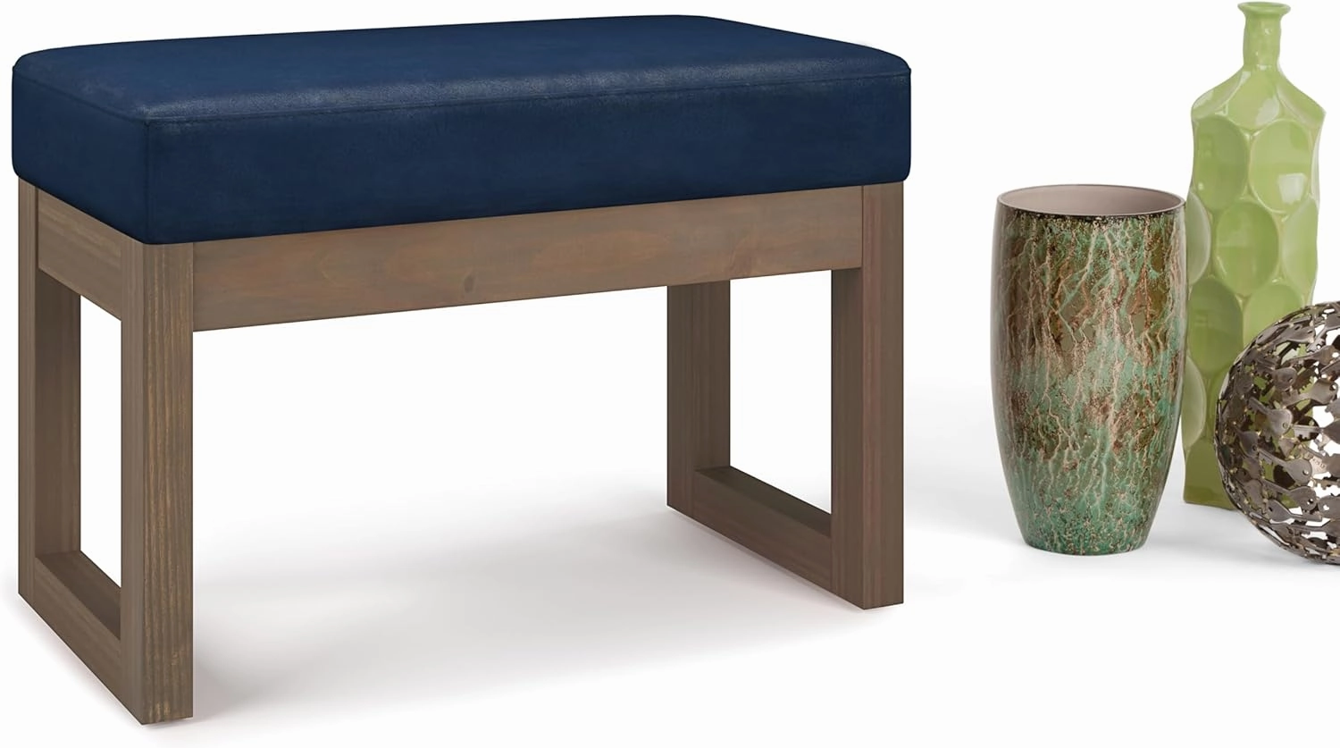 SIMPLIHOME Milltown 27 inch Wide Contemporary Rectangle Footstool Ottoman Bench in Distressed Dark Blue Vegan Faux Leather, Assembled, for the Living Room and Bedroom