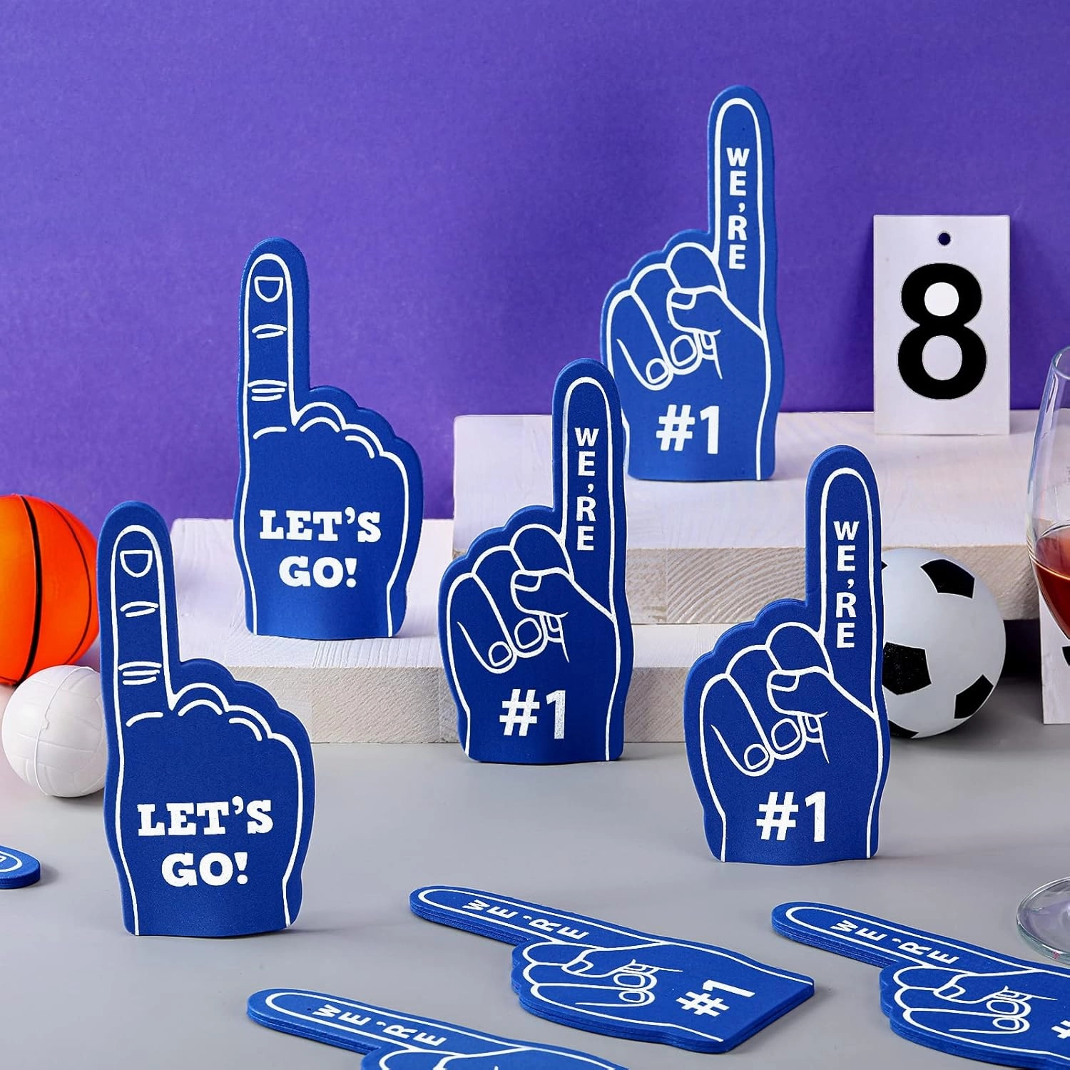 Sinmoe 36 Pcs Foam Finger Foam Hand Finger Mini Basketball Party Favors Sports Themed Birthday Supplies Football Baseball 1 Bulk Sports Party Favors for Football Soccer Team Cheerleader (Blue)