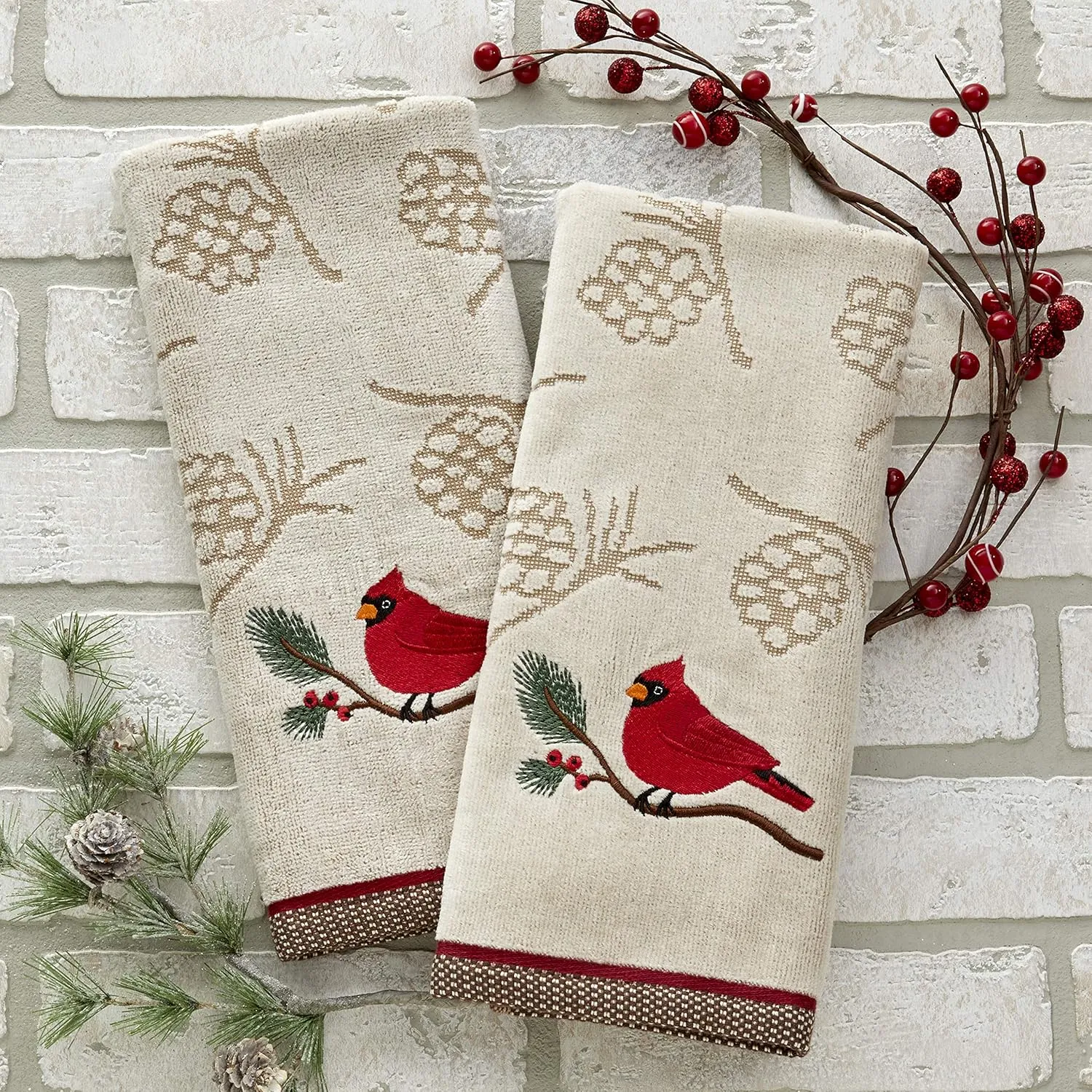 SKL Home Christmas/Winter Cardinal & Branch Hand Towel 2pc Set for Bath/Kitchen/Bar & Gift, Wheat