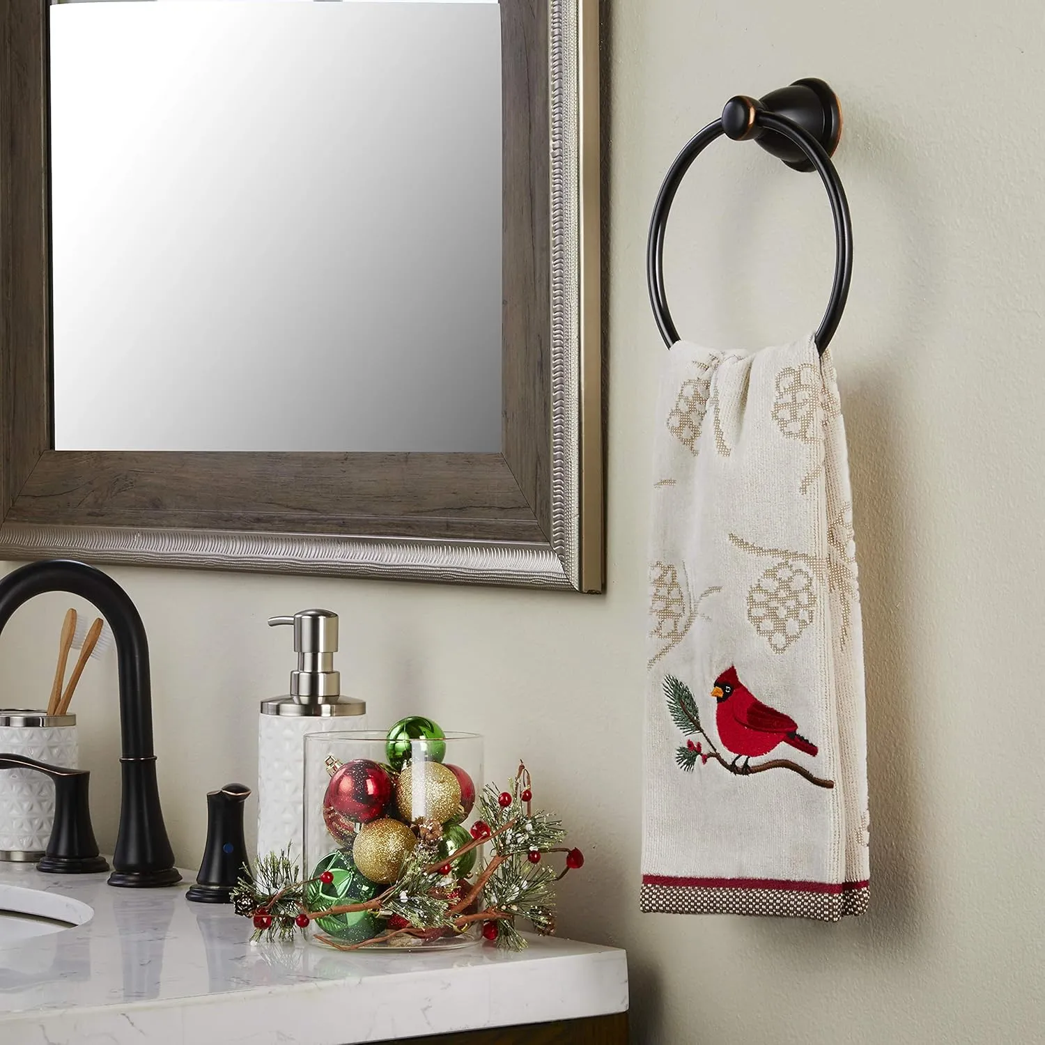 SKL Home Christmas/Winter Cardinal & Branch Hand Towel 2pc Set for Bath/Kitchen/Bar & Gift, Wheat