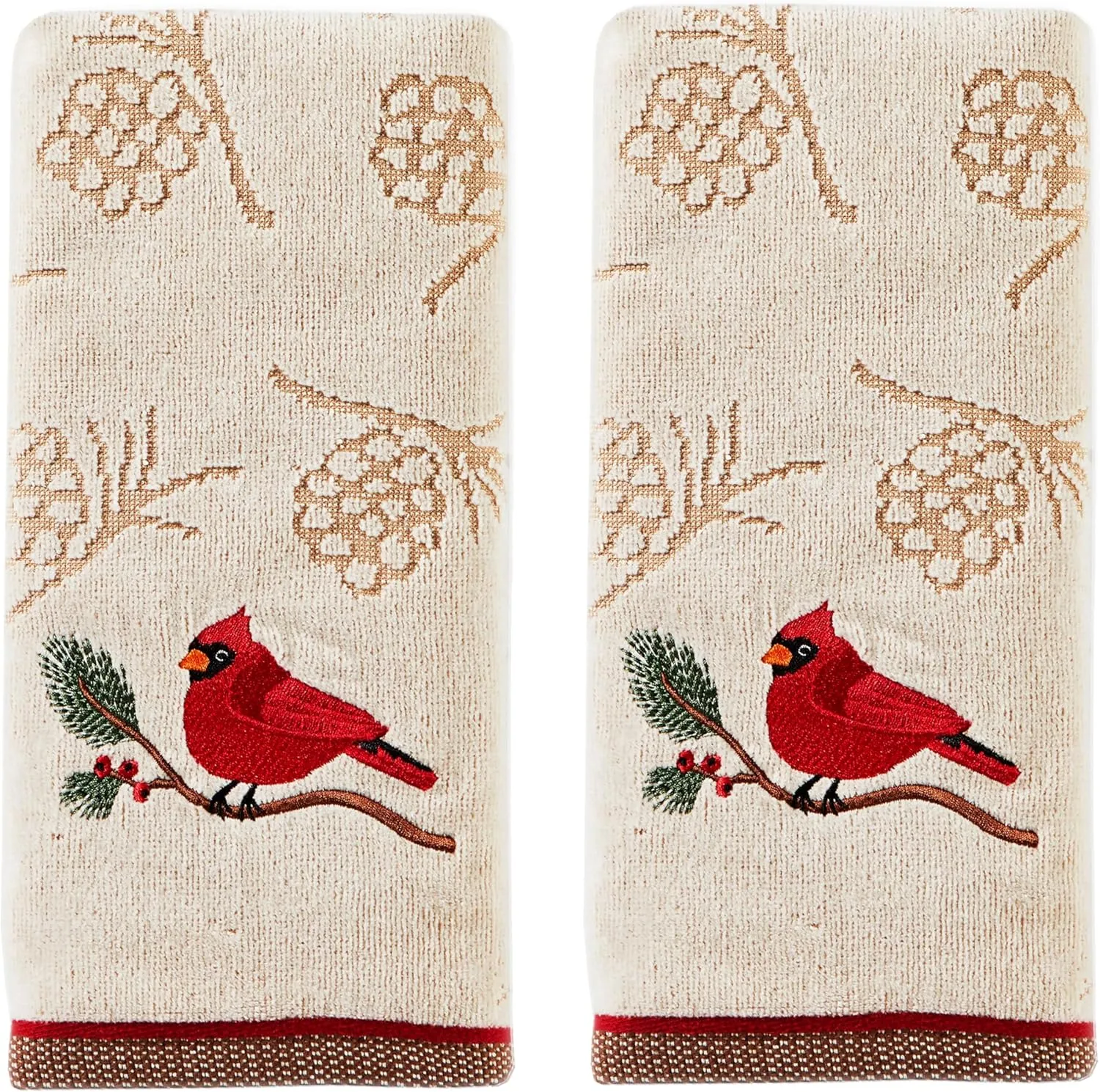 SKL Home Christmas/Winter Cardinal & Branch Hand Towel 2pc Set for Bath/Kitchen/Bar & Gift, Wheat