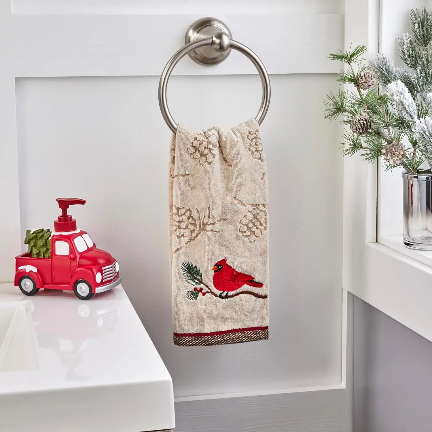 SKL Home Christmas/Winter Cardinal & Branch Hand Towel 2pc Set for Bath/Kitchen/Bar & Gift, Wheat