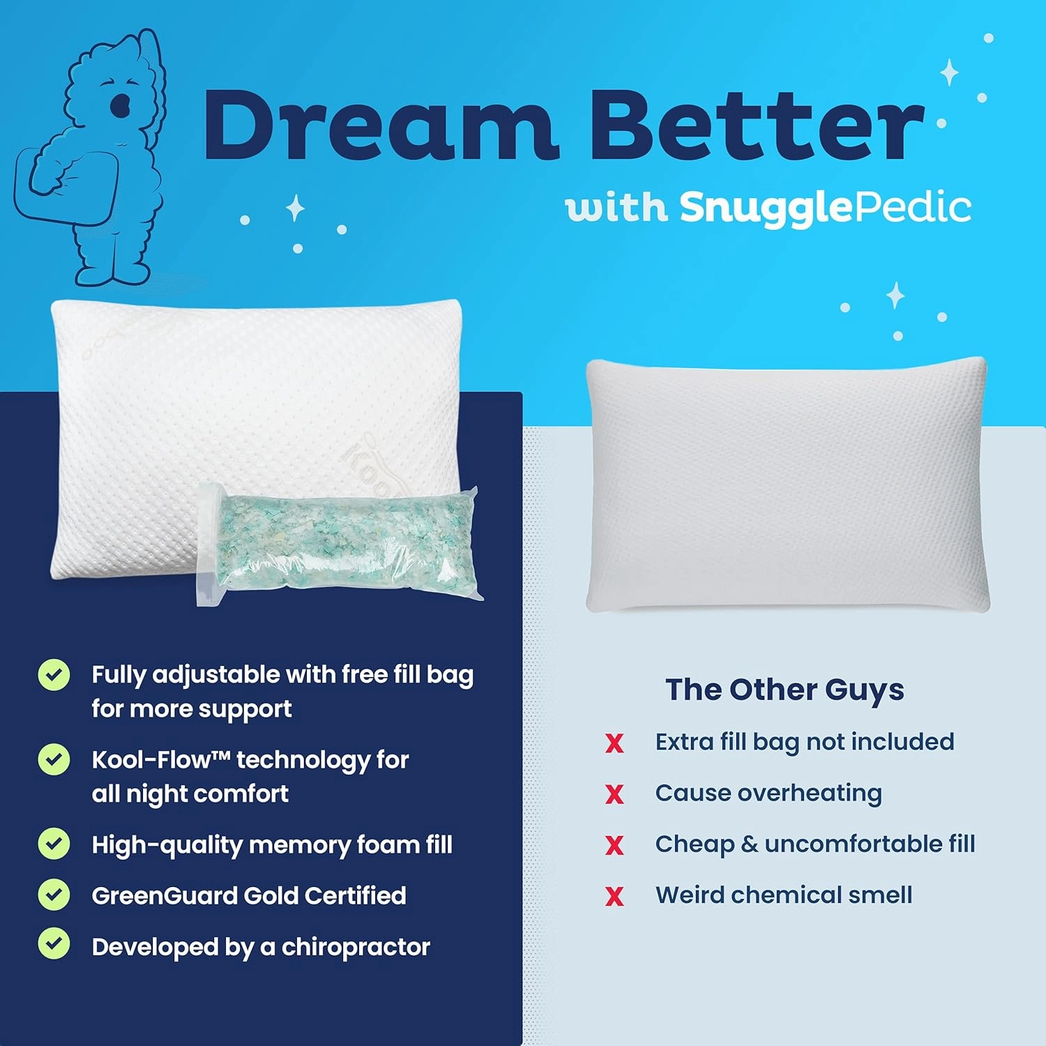 Snuggle-Pedic Adjustable Cooling - Shredded Memory Foam Pillows for Side, Stomach & Back Sleepers - Fluffy or Firm - Keeps Shape - College Dorm Room Essentials for Girls and Guys - Queen