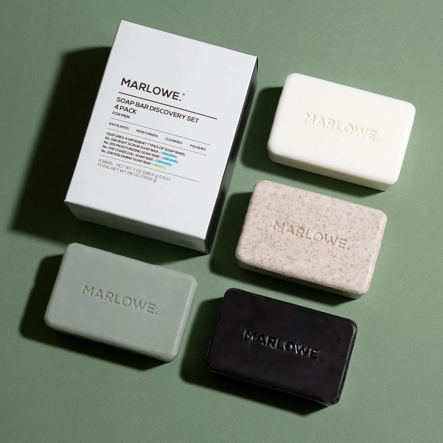 Soap Discovery Gift Set, Mens Skin Care Variety Selection of Exfoliating Body Scrub, Charcoal, Moisturizing & Polishing Body Bar Soaps for Men, 4 Pack