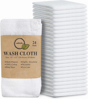 Softolle 100% Cotton Ring Spun Wash Cloths Pack of 24 (12x12 Inches)– Bulk Pack of Washcloths – Wash Cloth for Face, Highly Absorbent, Soft and Face Towels (White)