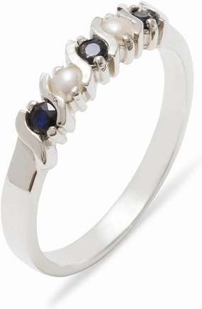 Solid 925 Sterling Silver Natural Sapphire & Cultured Pearl Womens Wedding Band Ring - 10.5 - Size 10.5