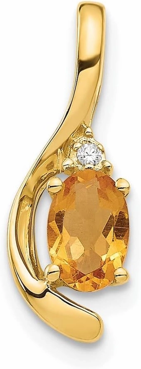Solid Real 14k Yellow Gold Diamond and Citrine Yellow November Gemstone Pendant Charm - 17mm x 6mm