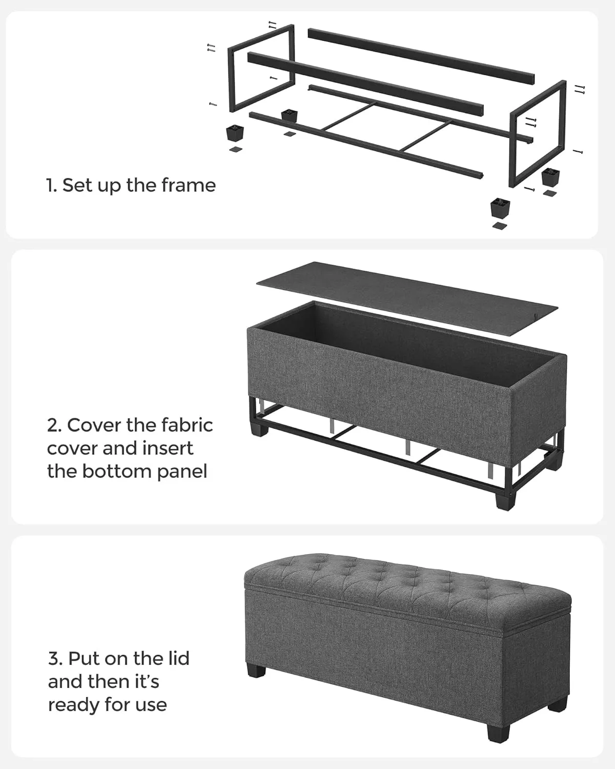 SONGMICS Storage Ottoman Bench, Foot Rest with Legs, 15.7 x 43.3 x 15.7 Inches, End of Bed Bench, Storage Chest, Load up to 660 lb, for Living Room, Bedroom, Entryway, Dark Gray ULSF088G01