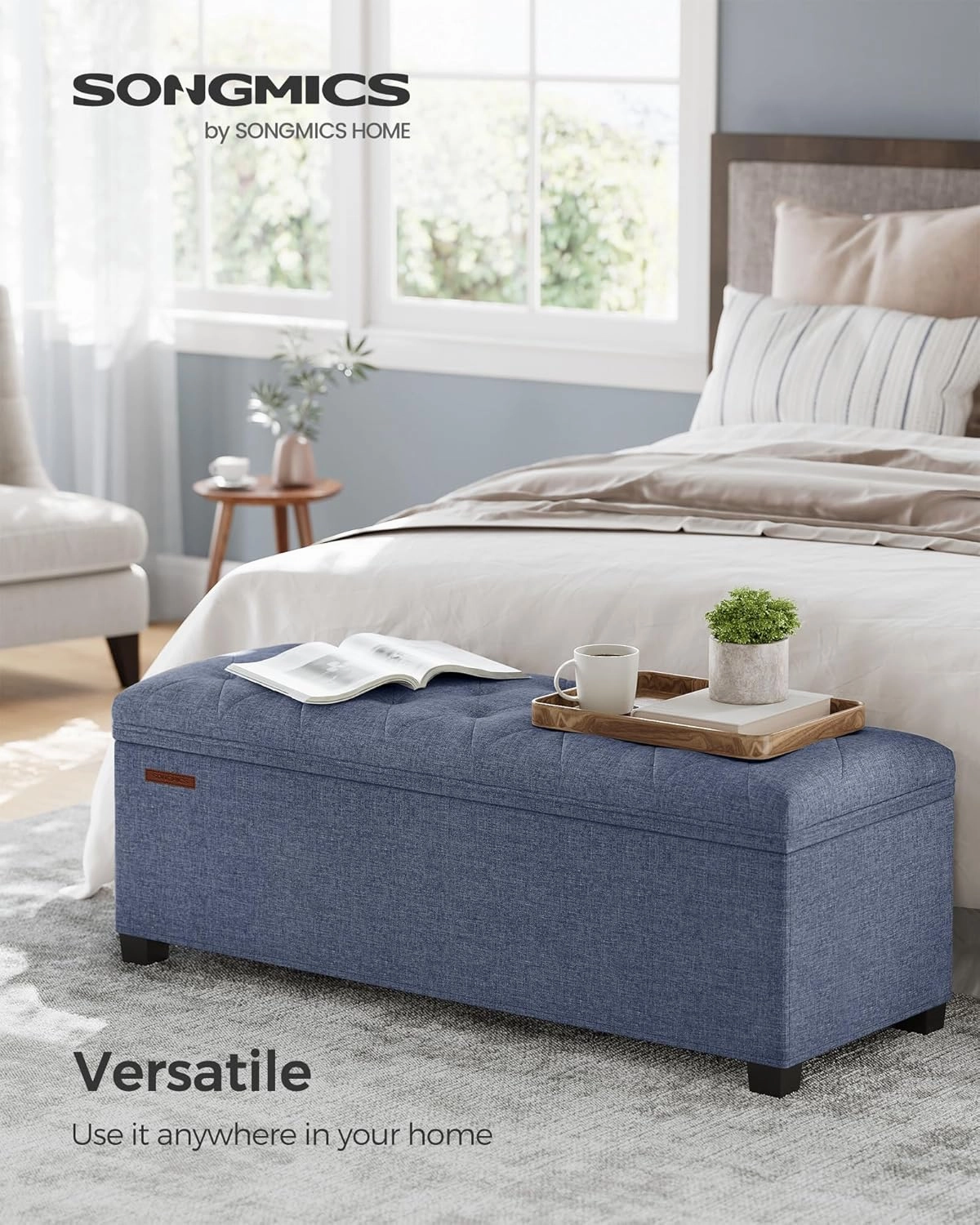 SONGMICS Storage Ottoman Bench, Foot Rest with Legs, 15.7 x 43.3 x 15.7 Inches, End of Bed Bench, Storage Chest, Load up to 660 lb, for Living Room, Bedroom, Entryway, Light Denim Blue ULSF088Q01