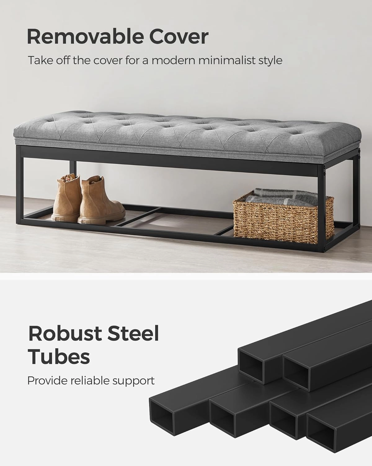 SONGMICS Storage Ottoman Bench, Foot Rest with Legs, 15.7 x 43.3 x 15.7 Inches, End of Bed Bench, Storage Chest, Load up to 660 lb, for Living Room, Bedroom, Entryway, Light Gray ULSF088G02