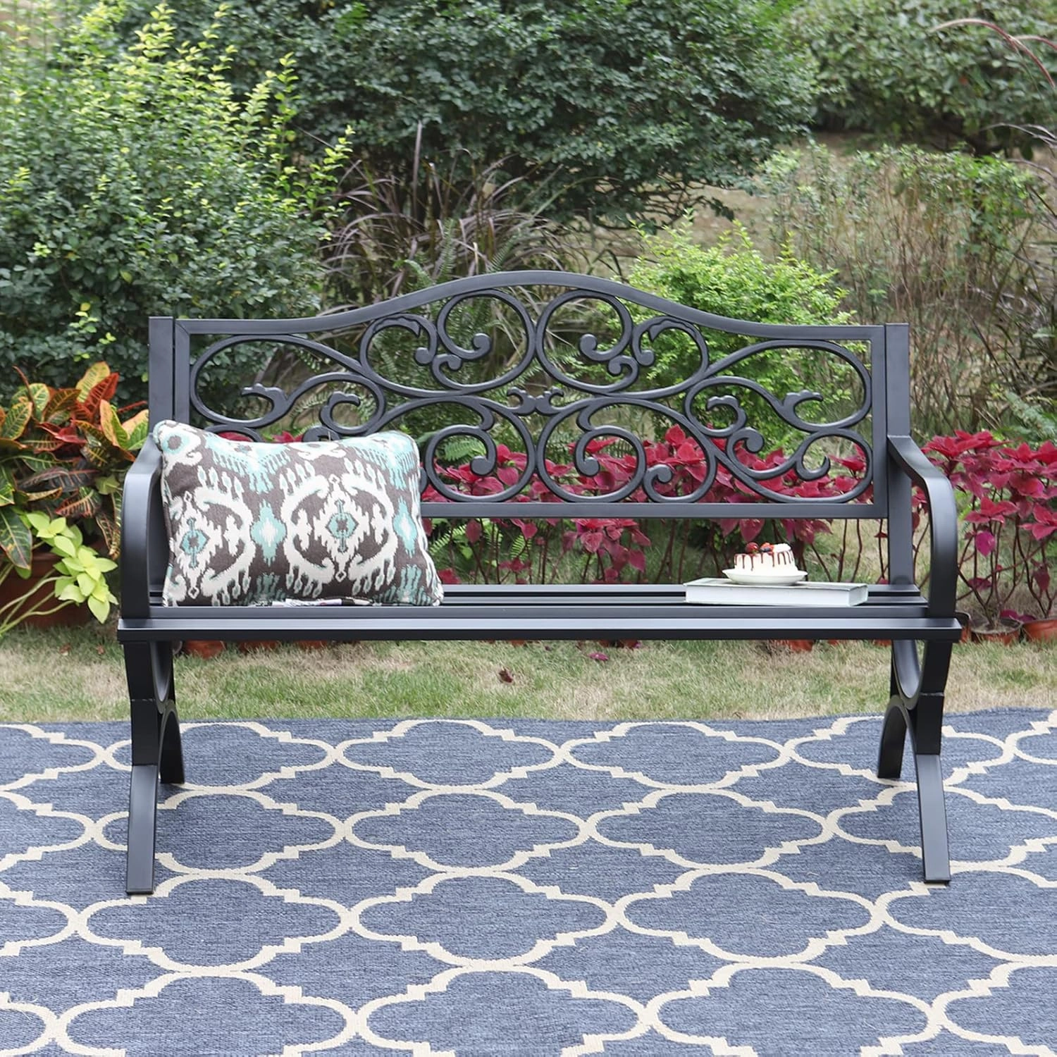 Sophia & William 50" Outdoor Garden Bench Patio Park Bench, Cast Iron Metal Frame Furniture with Floral Design Backrest for Porch Yard Lawn Deck, Black