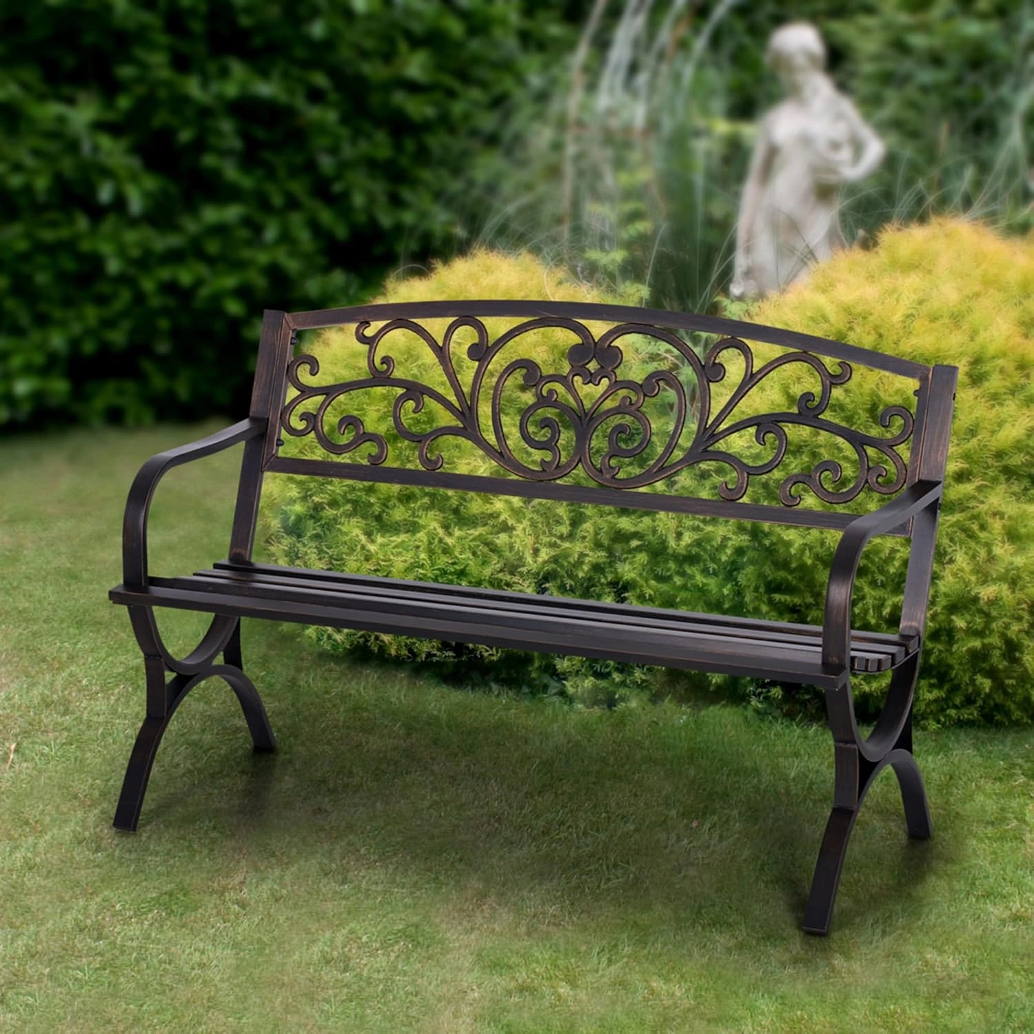 Sophia & William Metal Outdoor Bench, 50" Outdoor Garden Bench Patio Park Bench, Cast Iron Park Benches for Outside with Floral Design Backrest, Bronze