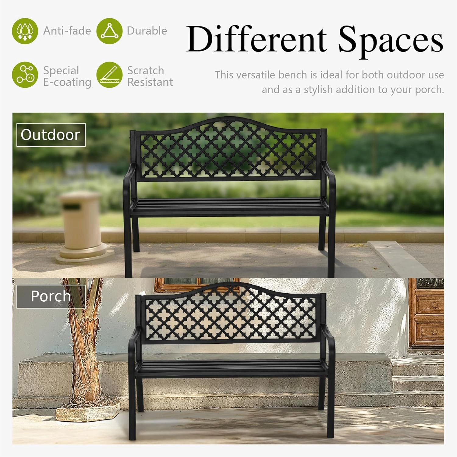 Sophia & William Outdoor Bench, 50 inches Metal Garden Bench, Cast Iron Park Benches for Outside with Floral Backrest and Straight Legs for Porch Yard Lawn Deck,Black