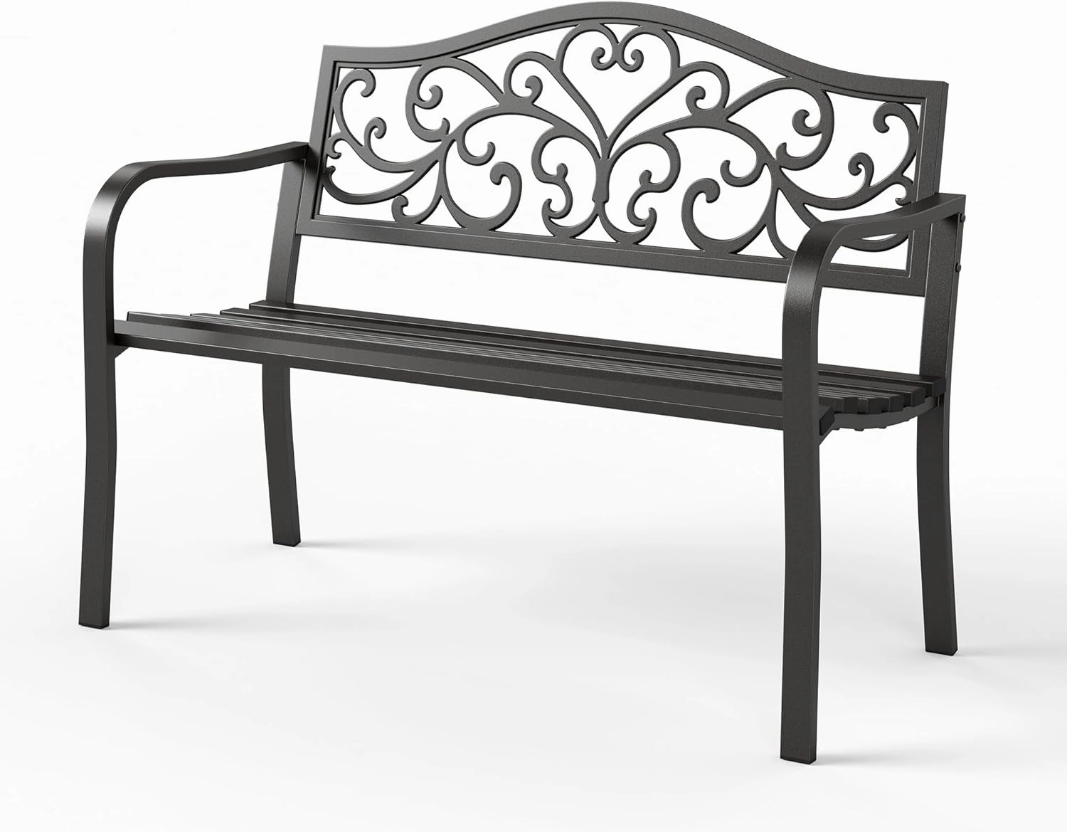 Sophia & William Outdoor Bench, Metal Garden Bench, Cast Iron Park Benches for Outside with Floral Design Backrest, Black