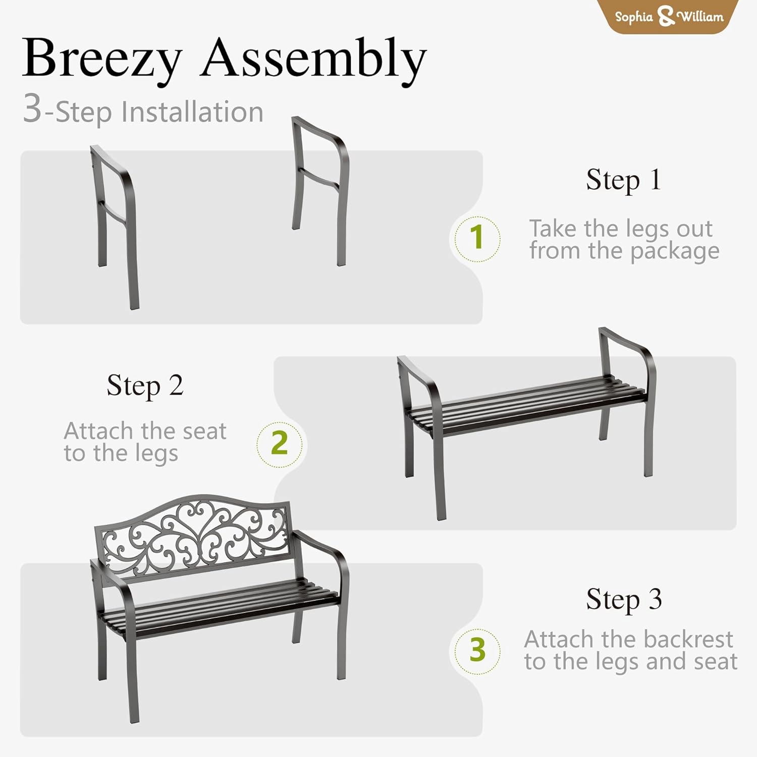 Sophia & William Outdoor Bench, Metal Garden Bench, Cast Iron Park Benches for Outside with Floral Design Backrest, Black