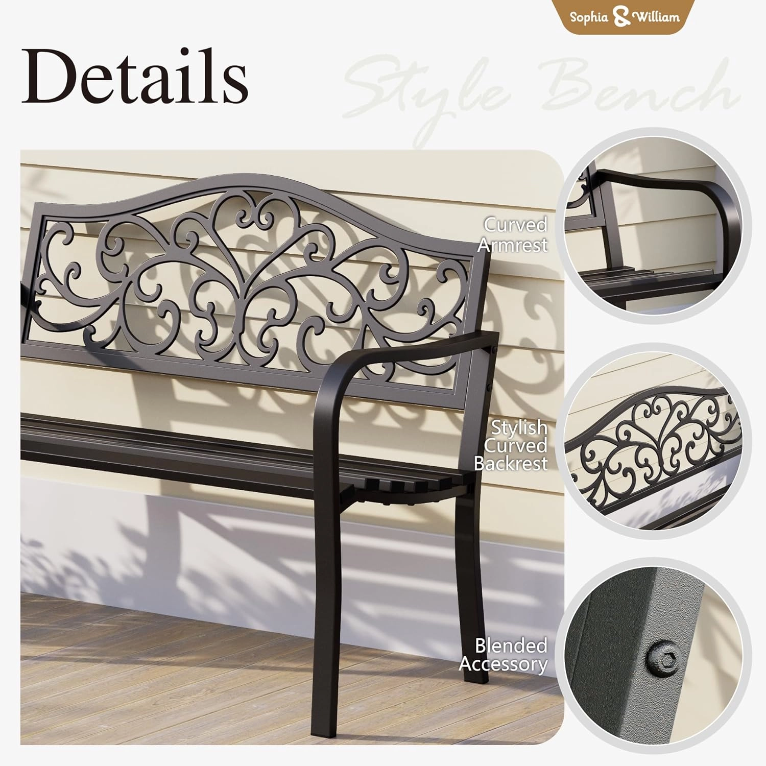 Sophia & William Outdoor Bench, Metal Garden Bench, Cast Iron Park Benches for Outside with Floral Design Backrest, Black