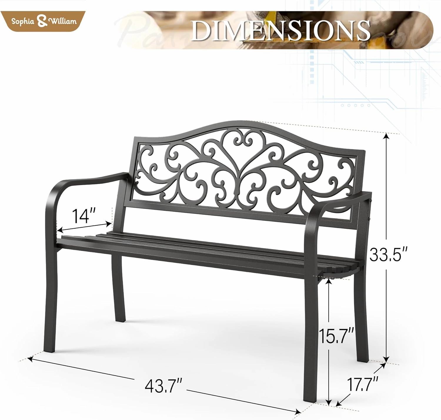 Sophia & William Outdoor Bench, Metal Garden Bench, Cast Iron Park Benches for Outside with Floral Design Backrest, Black