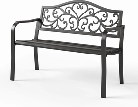 Sophia & William Outdoor Bench, Metal Garden Bench, Cast Iron Park Benches for Outside with Floral Design Backrest, Black