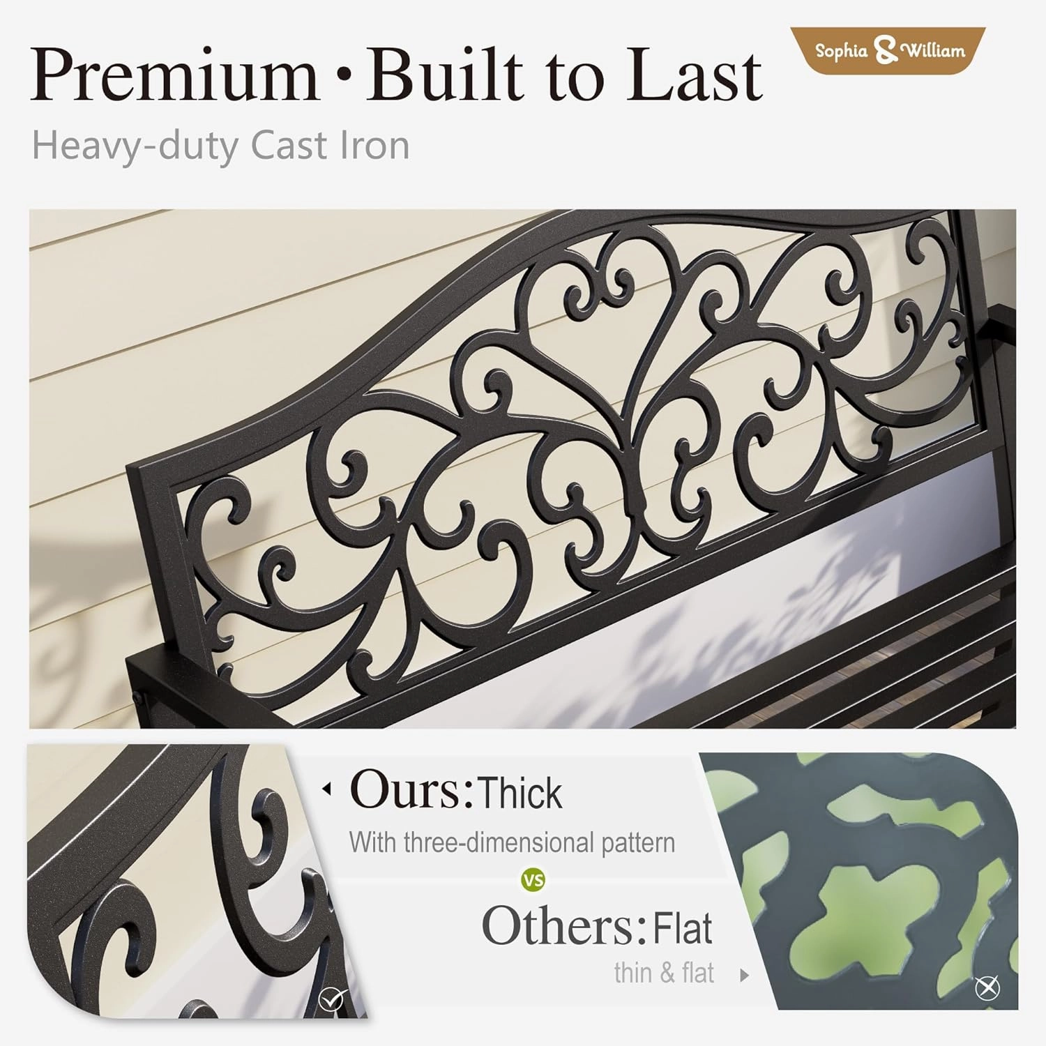 Sophia & William Outdoor Bench, Metal Garden Bench, Cast Iron Park Benches for Outside with Floral Design Backrest, Black