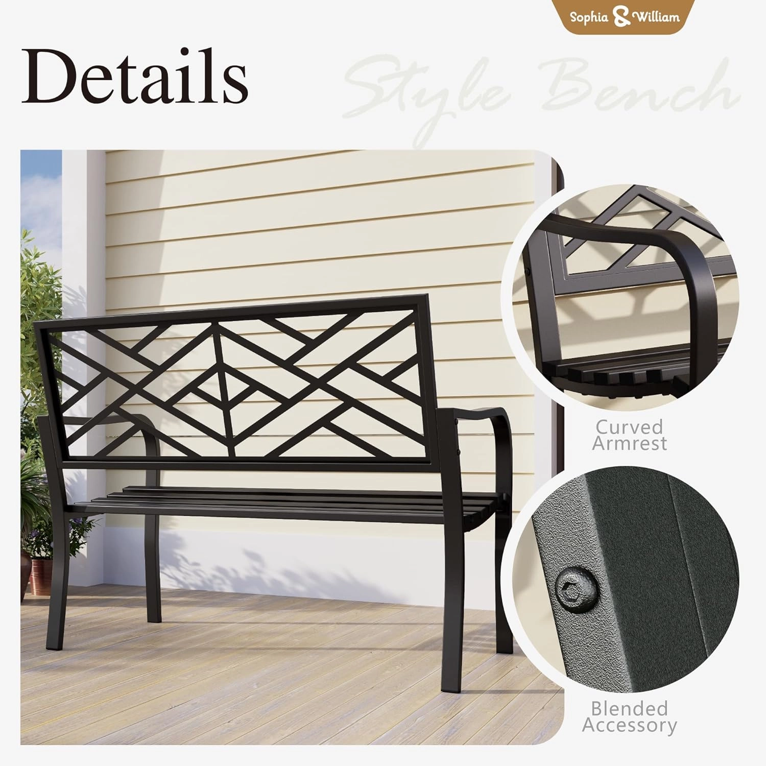 Sophia & William Outdoor Metal Bench Patio Garden Bench, Cast Iron Park Benches for Outside with Minimalist Backrest, Black