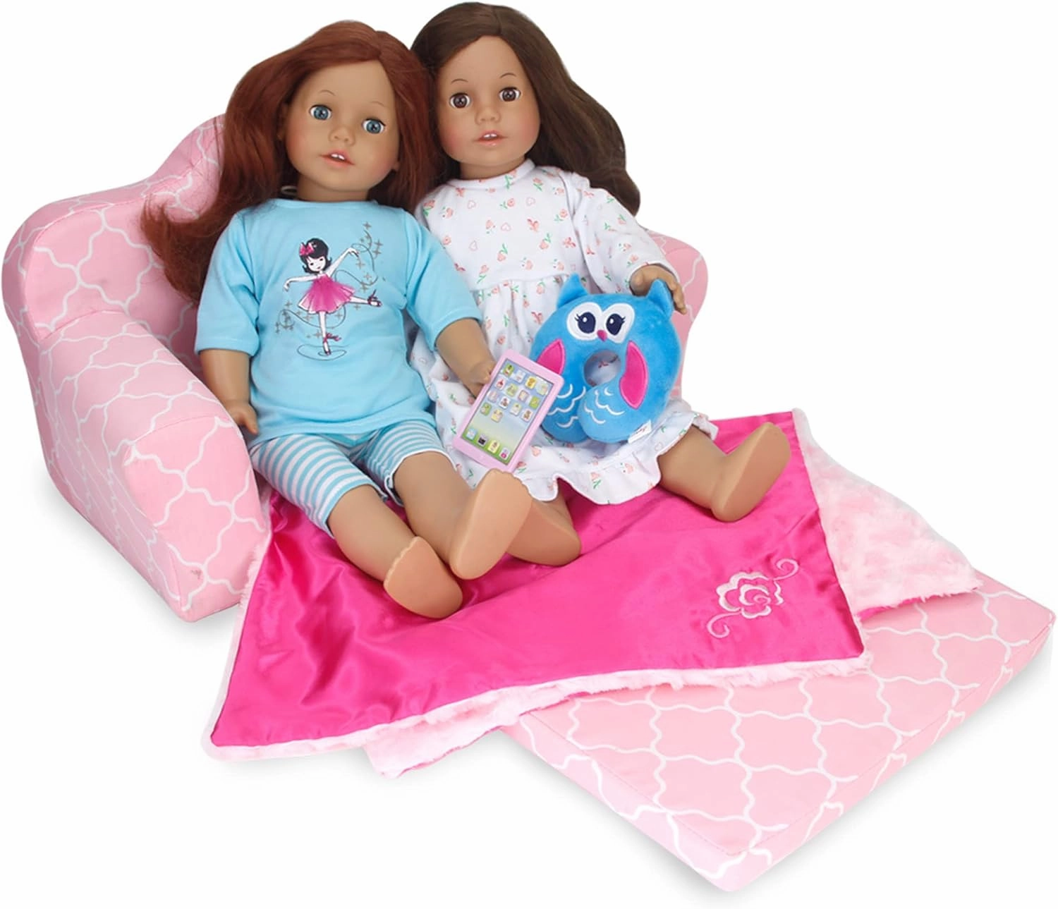 Sophia's 2-in-1 Plush Lightweight Moroccan Print Pull-Out Sofa Couch Converts to a Bed, Fits Two 18 Inch Dolls, Light Pink