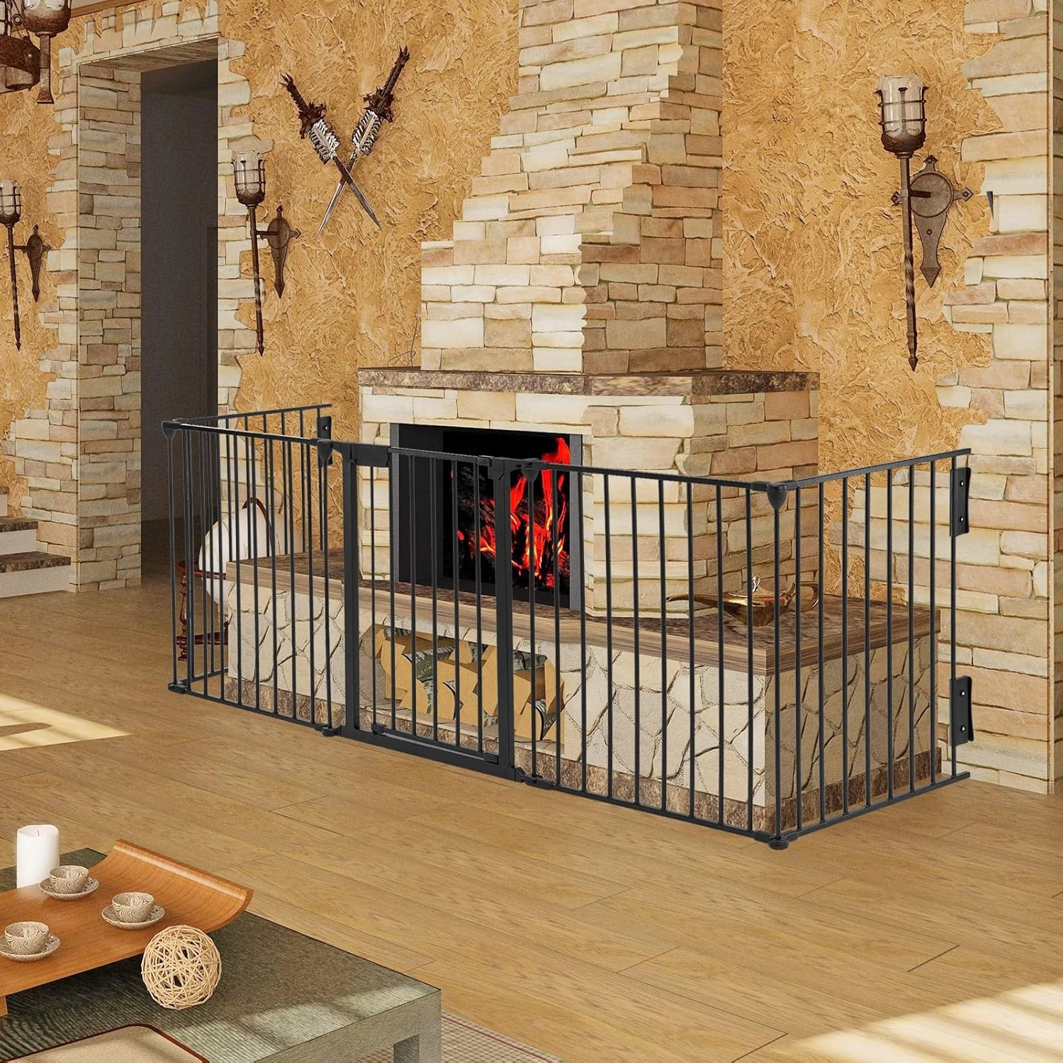 SOSPIRO 118inch Extra Wide Black Baby Gate with Door, Metal Long Baby Fence, Tall Pet Dog Gates for House Stairs Doorways,10ft Child Safety Fence Fireplace Christmas Tree,Indoor Outdoor, 5-Panel