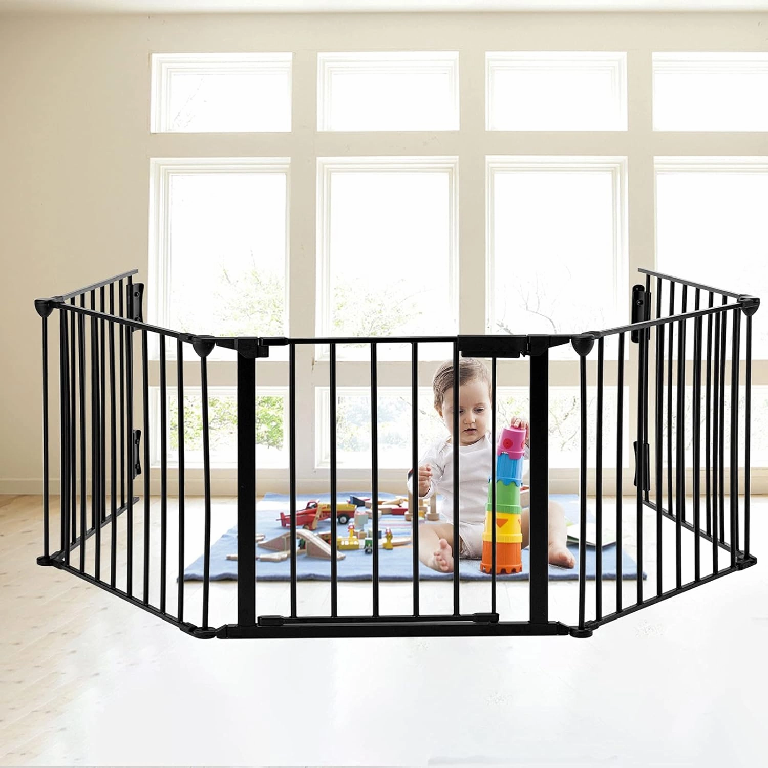 SOSPIRO 118inch Extra Wide Black Baby Gate with Door, Metal Long Baby Fence, Tall Pet Dog Gates for House Stairs Doorways,10ft Child Safety Fence Fireplace Christmas Tree,Indoor Outdoor, 5-Panel